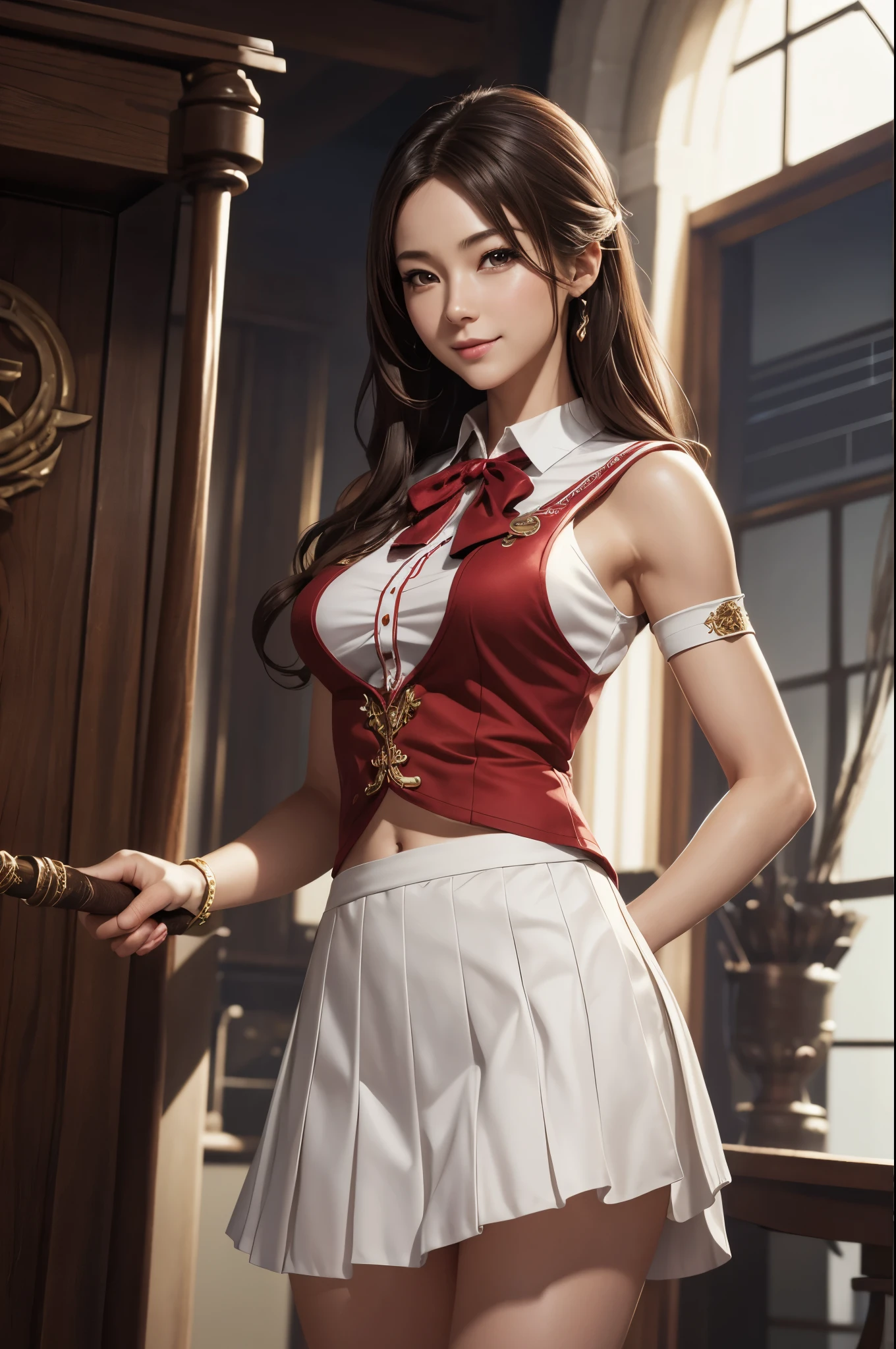 8K,赤と白のGuild staff uniformを着た女性がを撮っています, Smooth CG art, shiny white skin, 8k high quality detailed art, photorealistic anime girl render, fanart best artstation, character is in her natural pose, Beautiful attractive receptionist woman, elegant smiling pose, smooth digital concept art, very detailed character, White shiny skin,Fantasyart,Adventurer&#39;s Guild Counter,character art,Brown hair,thin muscular body,red and white ruffle skirt,Thin macho,Guild staff uniform,超A high resolution,A hyper-realistic,Split abs,