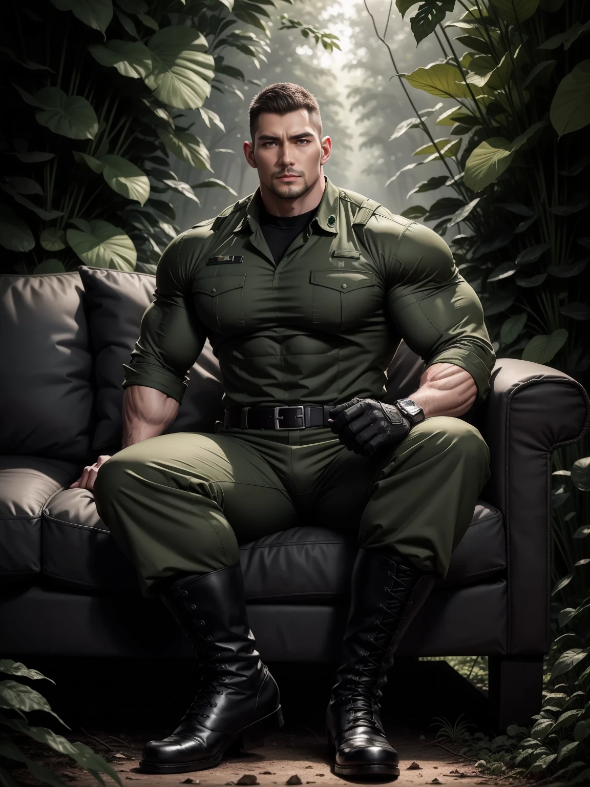 Tall giant muscular man sitting in the forest,Dark gray camouflage military uniform,character design(Resident Evil - Chris Redfield,Chris Redfield)His hairstyle is a crew cut,Wearing dark gray camouflage military uniform,Frosted grain texture,Soft and comfortable sofa,Sitting in the eerie cane jungle, The body is wrapped in thick rattan,expression sad,Deep and charming eyes,The male hero with emerald pupils,heroic masculine pose,Tall and burly,Muscular!Charming leg muscles,tall, Burly, and strong, Wearing dark gray camouflage military uniform, Super gain and cool, commission for high resolution, Big feet in black boots,Charming strong man,Bright sunlight shines on the body,The texture of frosted particles is shiny