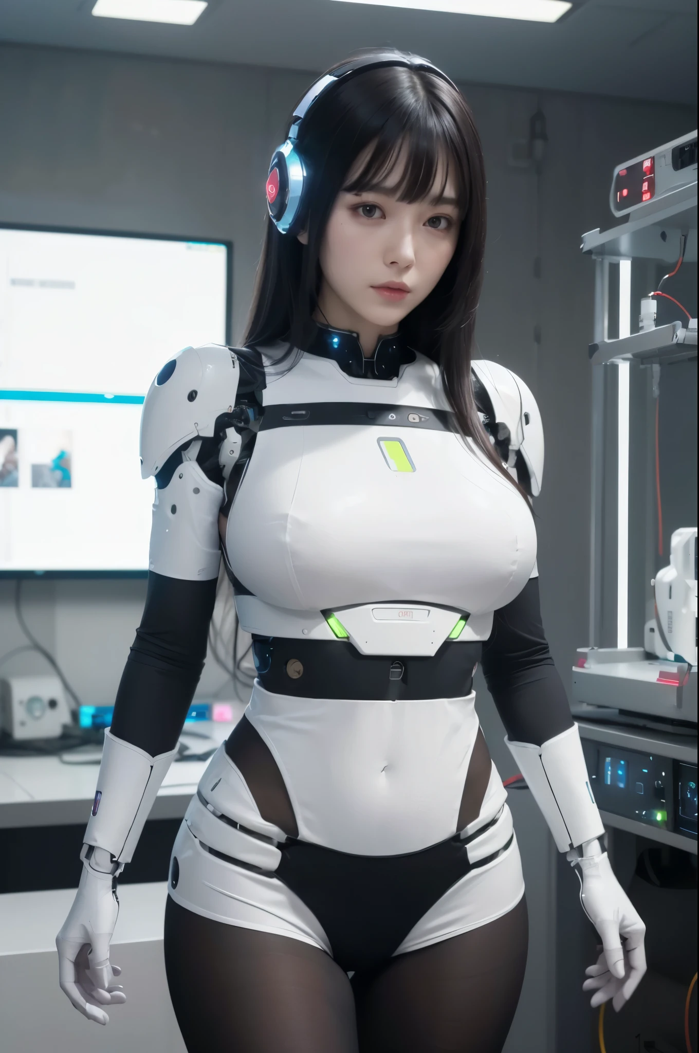 masterpiece, best quality, extremely detailed, (8K, 4K, Best Quality, hight resolution, 超A high resolution:1.1), (masutepiece, Realistic, Photorealsitic:1.1),8k portrait, Japaese android Girl,Plump , dark black leg cover,announcer,control panels,android,Droid,Mechanical Hand, Robot arms and legs, Black Robot Parts,Black hair,Mechanical body,Blunt bangs,perfect mechanical abdomen,White robotics parts,perfect robot woman,future laboratory,cyber pank,charging spot,laboratory,long tube,thick cable connected her neck,white ceramic body ,perfect mechanical body, white robot body,lod antenna,mechanical ear cover,android,robot humanoid,black sponge joints,The removable cover is in the groin,The connection port is in the groin,opened chest panel,access panel on the chest,opened breast panel,perfect mechanical breast,perfect machine body,perfect android body,She has repaired,assembly plant,miniskirt,dark black tights,dark black leggings,