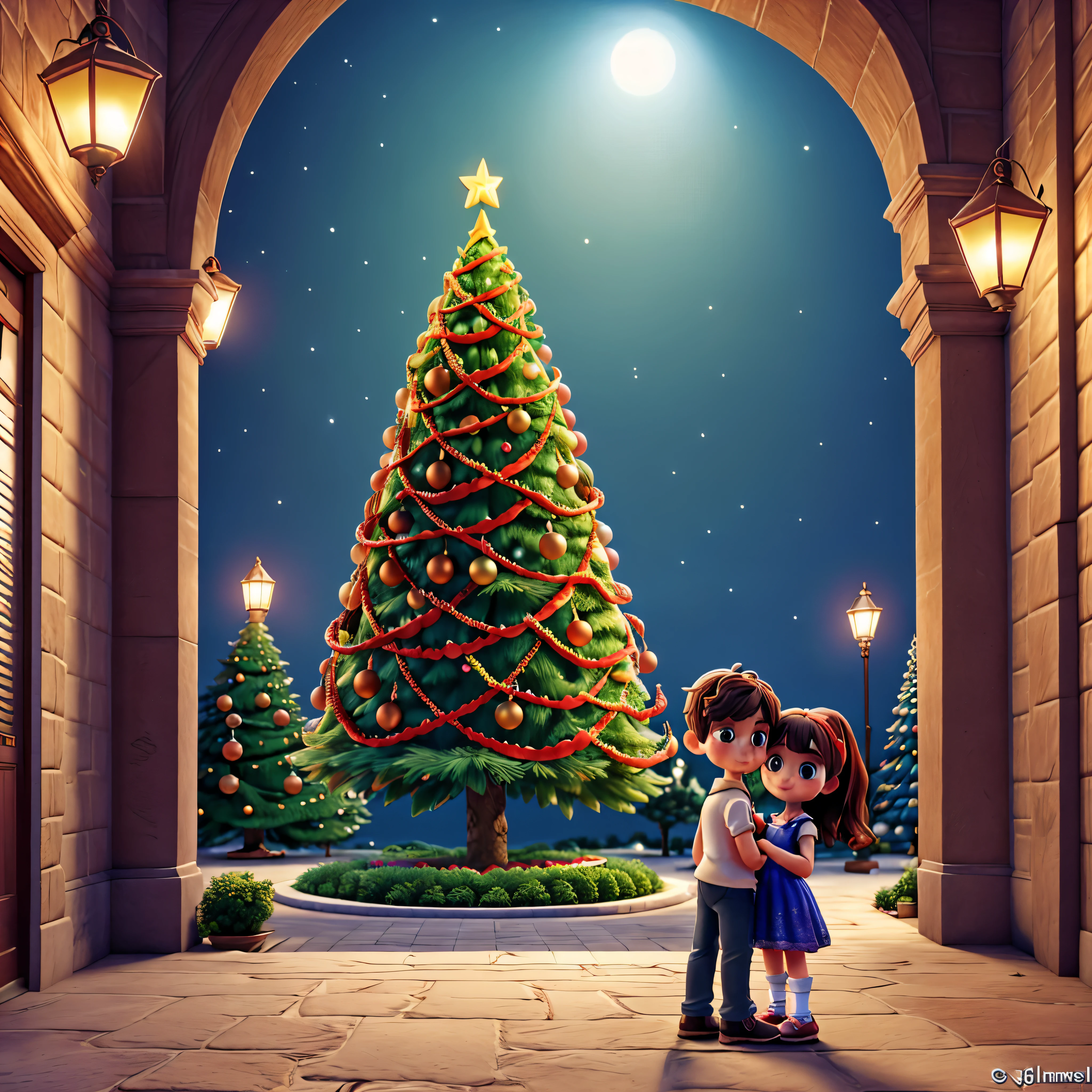 Thick white snow world,A huge Christmas tree stands 20 meters high in the middle of the town,It's covered with starry lanterns,diamond,Christmas tree with thick snow on the branches,Echoing the lights,The sky still snowing,In front of the Christmas tree, a boy and girl hold hands and look at the tree and make beautiful vows,ultra HD picture quality,Hyper-detailed depiction,Color rendering with sharp contrast,Perfect proportions,Dream love beautiful,逼真光线,Trends,tmasterpiece,Handwriting,8k,Cinematic texture,Intricate decorative details,Christmas close-up,Couple under the tree deep path Equirectangular_360 Circuit UnrealEngine5 Ultra Masterpiece sunlight Cinematic lighting ultra_high-def ultra_Photo-realistic optimal ultra_high-quality opengl-shaders ultra_high-details accurate reflex ultra_high-res perfection volumetric lightning improved Octane_rendues UHD XT3 DSLR HDR 3dcg shadow analogiques extatiques symmetrical dazzling Will-o'-the-wisp global luminescence varied multi etc. --s 1000 --c 20 --q 20 --chaos 100