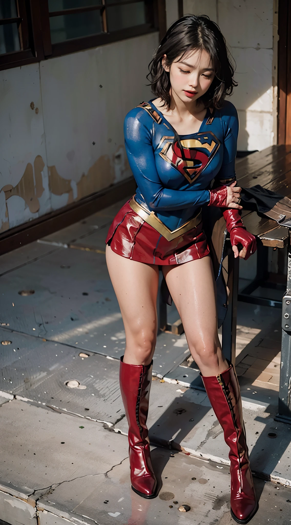 and draw the full body、Wearing a Supergirl costume、hanged、short-hair、lying back on、Fit the body、Eyes closed、yawning being、limp、Facing down、Bowing the head、sticking out the tongue、Tongue stud、Tongue protrusion、droolng、large amount of saliva、Tearsと唾液が頬を濡らす、hopelessness、Tears、Wet eye makeup、Feeling ecstasy、Pleasant look、No background、Suffering、Hung、Are sleeping、lying back on、(((Wear black tights on your beautiful legs.)))、(((Grow legs、tall、Legally express the beauty of your smile)))、((((Make the most of the original image)))、(((Supergirl Costume)))、(((beautiful hairl)))、(((Suffering)))、(((Feet must necessarily be worn with black tights)))、(((You need to wear red boots)))、((Top image quality、8K))、((top-quality、8K、​masterpiece:1.3))、(((Keep Background )))、Crisp focus:1.2、Beautiful woman with perfect body shape:1.4、Slender Abs:1.2、a wet body:1.5、Highly detailed facial and skin texture、8K.