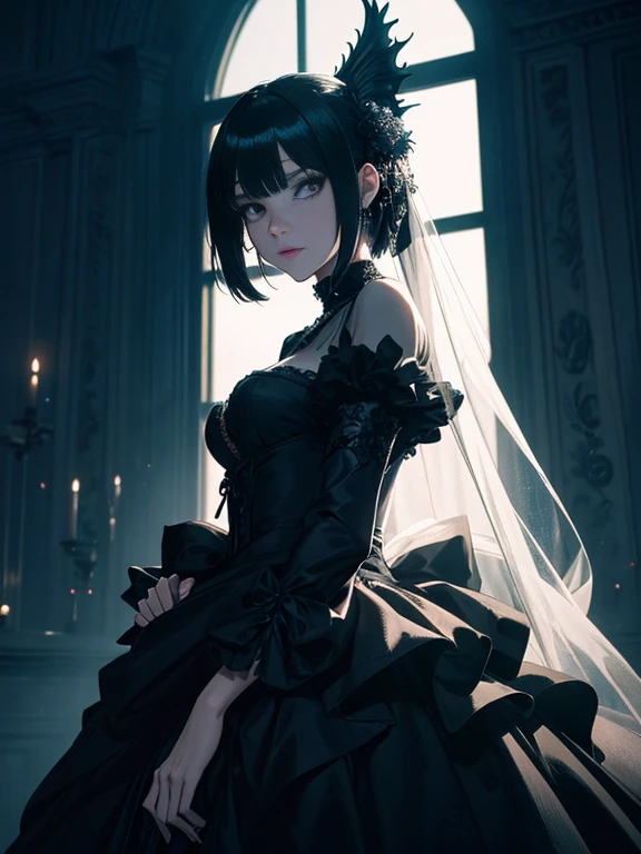 (Best Quality,4K,hight resolution,masutepiece:1.2),Ultra-detailed,Realistic,highly contrast,Halloween,人撮shadowy,Dark,Gothic,haunting,Expressive,Colored,Moody lighting,decoration,mask figure,Elements of surrealism,Attention to detail,Impressive brushwork,striking contrast,creepy,Ethereal,ghosts,shadowy,Mysterious,MACABRO,Undeservedly beautiful,Unforgettable charm,persuasion,charmed,haunting,image of memories.((elegant shiny dress))、Lots of races、lots of ruffles、lots of ribbons、In front of the majestic throne