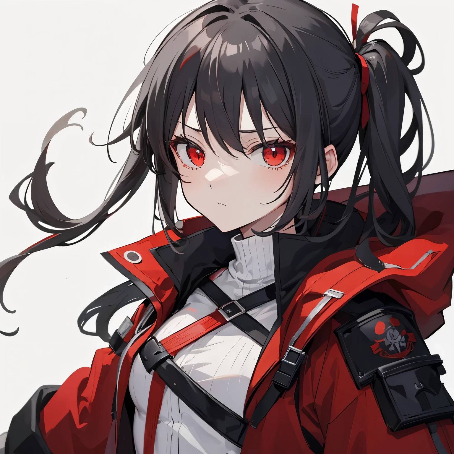 (masutepiece:1.2, Best Quality),  [1 girl, expressioness, oversized red coat, Black hair, Low ponytail, Red Eyes, body harnesses,black military uniform, black skirt, Jacket is taken off, ] (Gray white background:1.5),