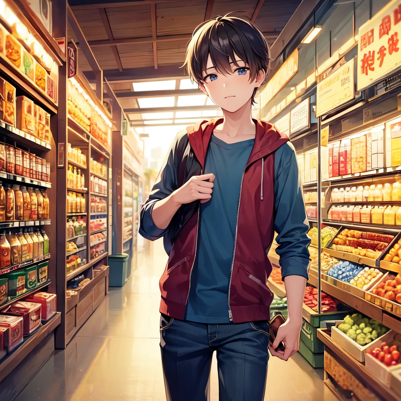1boy,walking in the market