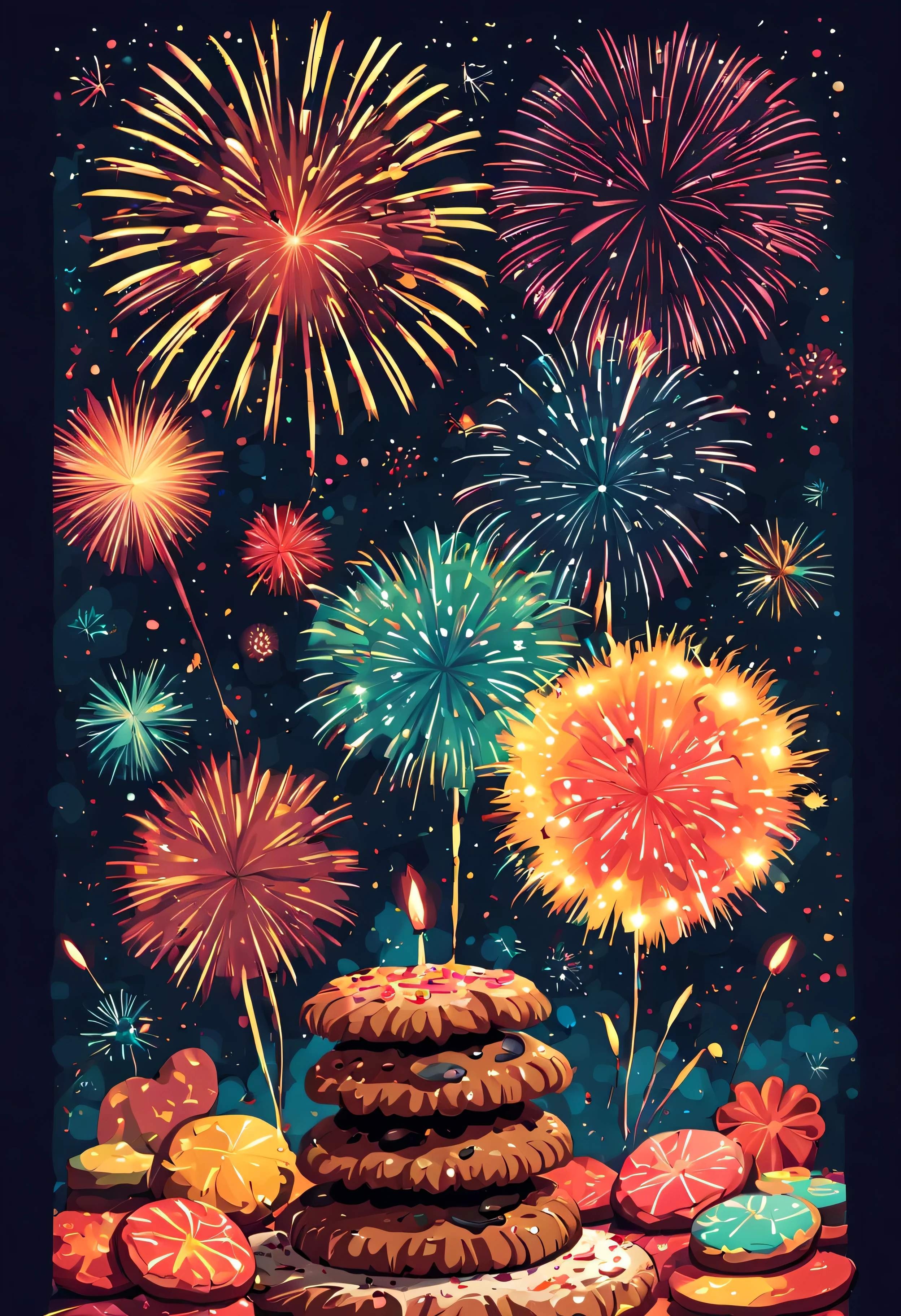 a single warm color palette masterpiece artwork about new year celebration, cookies and a (single:1.5) big firework, tidy cartoon and cute style, (happy new year celebration textbox:1.2)