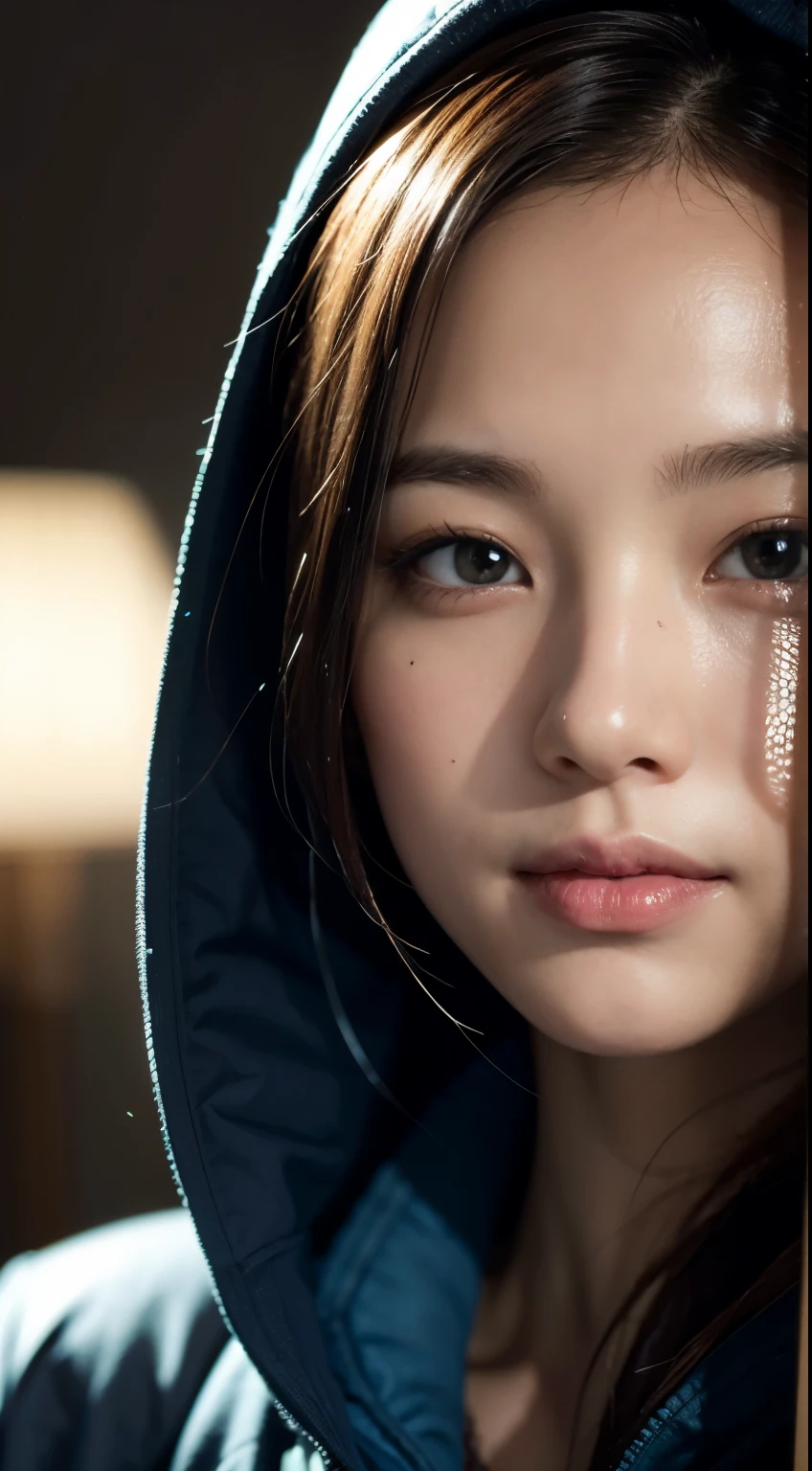8k, best quality, masterpiece, realistic, ultra detail, photo realistic, hyper realistic, smoother lighting, increase cinematic lighting quality, realistic lighting, backlighting, brightening light, Increase quality, best quality real texture skin,
close-up, slender, cute face, smile, beautiful details eyes, 19years old korean, pretty, Drill hair with electric blue color, hood,