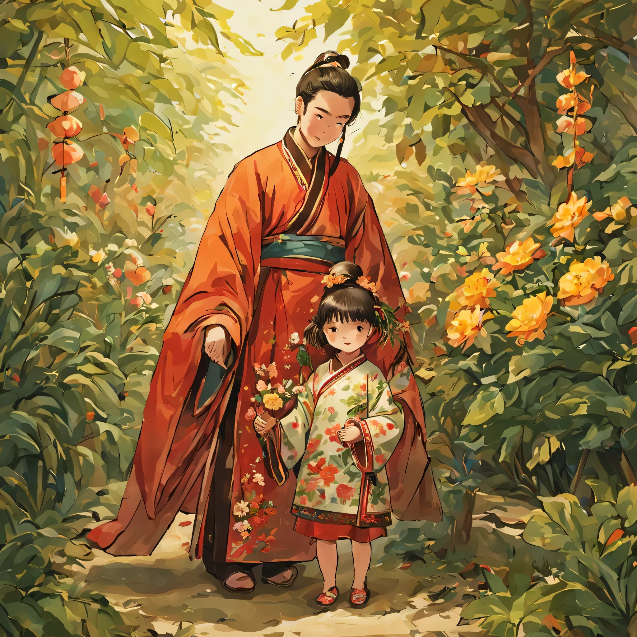 Chinese , traditional garb, Next to him is a tall Chinese man wearing a traditional robe,There are a lot of flowers and plants,