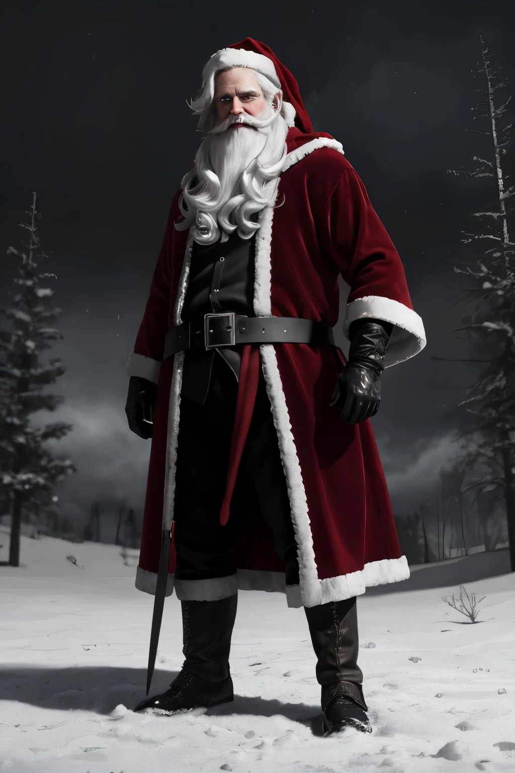 An evil Santa Claus with an evil smile, standing in a snow-covered landscape, holding a wickedly sharp candy cane. The sinister smile on his face reveals a mouthful of jagged teeth. He wears a tattered red and black Santa suit, with dark, creepy eyes staring out from underneath his hood. The scene is surrounded by an eerie glow, casting long, menacing shadows on the ground. The colors are desaturated, with a cold and dark color palette, adding to the ominous atmosphere. The lighting is low and dramatic, highlighting the details of the Santa Claus and emphasizing his malevolent presence. The artwork is a high-resolution digital illustration, with ultra-fine painting techniques used to create realistic textures. The overall image quality is of the best quality, with sharp focus and vivid colors.