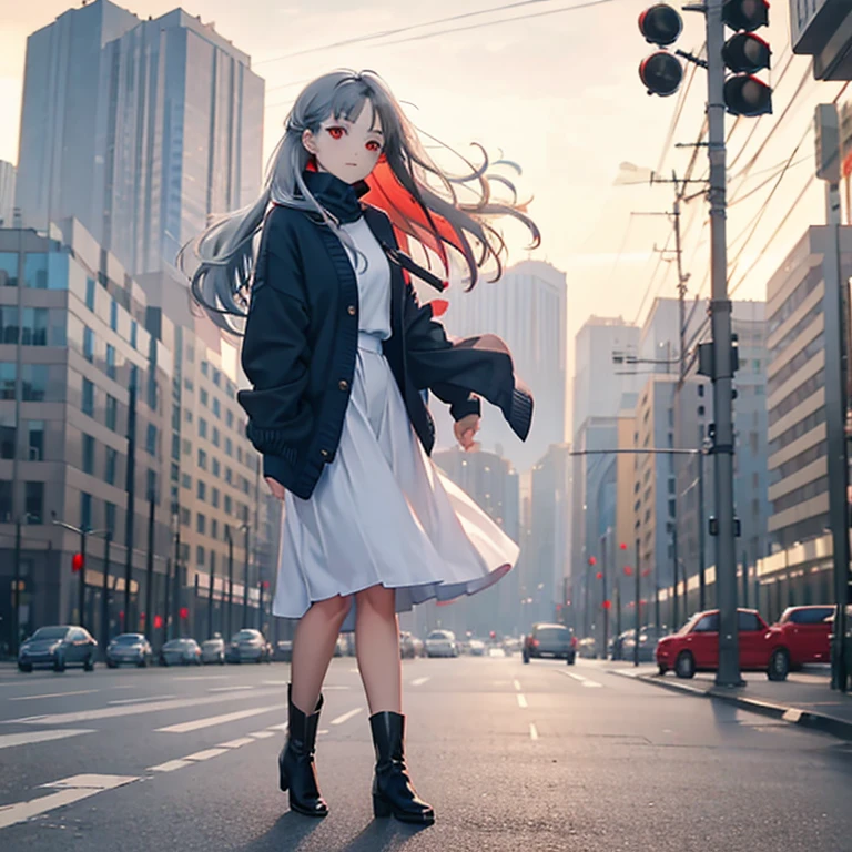 1girl in, Solo, Solo focus, full body Esbian, Full body standing picture, full body Esbian shooting, Portrait, soft rib turtleneck,White turtleneck, Cardigan, Navy blue Cardigan, long  skirt, long boots,(White hair), Semi-long , Curly hair, ((Red Eye)), Ultra-detailedな目, Best Quality, Ultra-detailed, White Background, Background