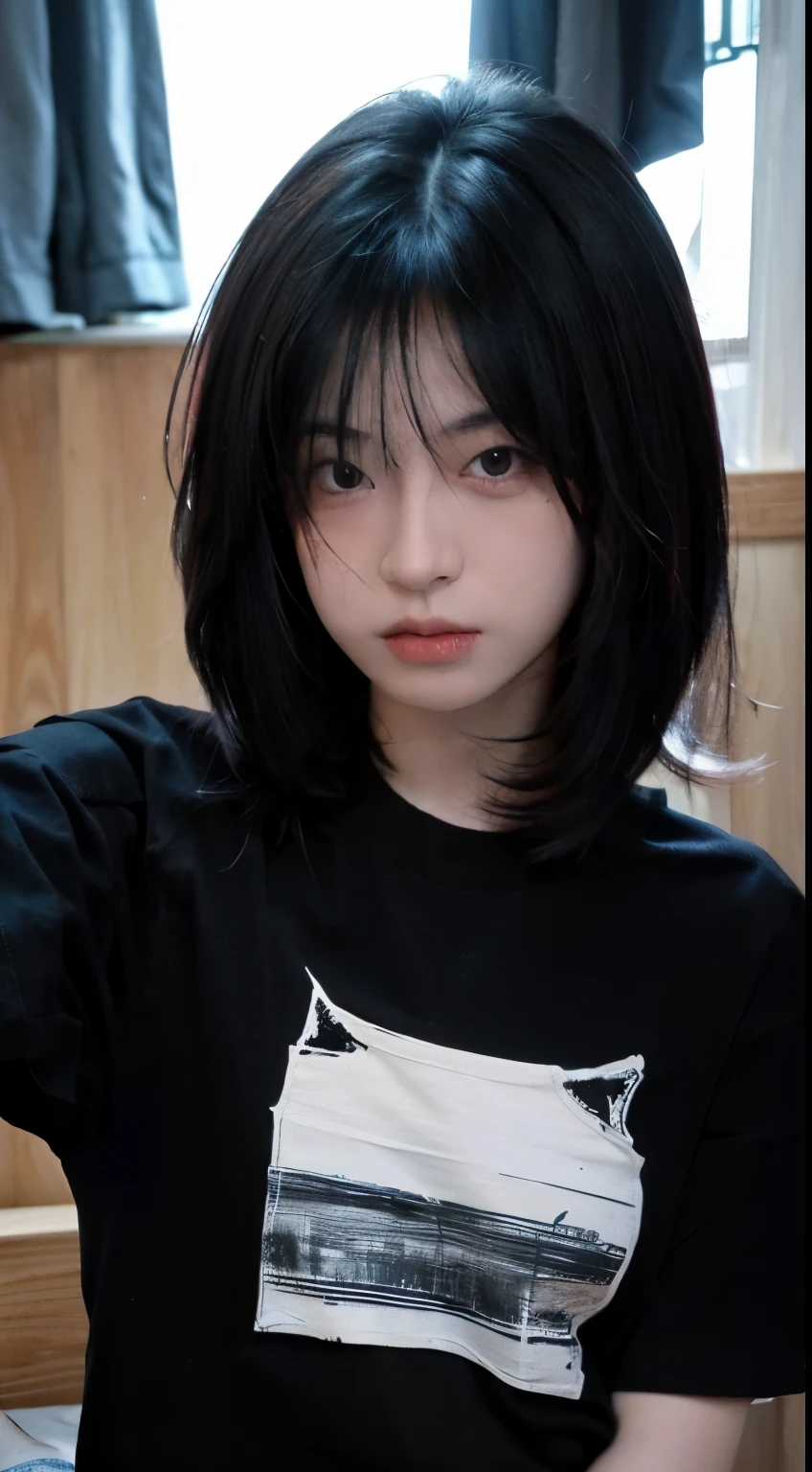 8K,Best quality, masterpiece, ultra high res, (photorealistic:1.4), raw photo, (Authentic skin texture:1.3), (film grain:1.3), (selfie angle),1girl,beautiful detailed eyes and face,masterpiece, best quality,close-up,upper body, wolf cut hair, (Black t-shirt:1.4), (in the room:1.3), normal pose