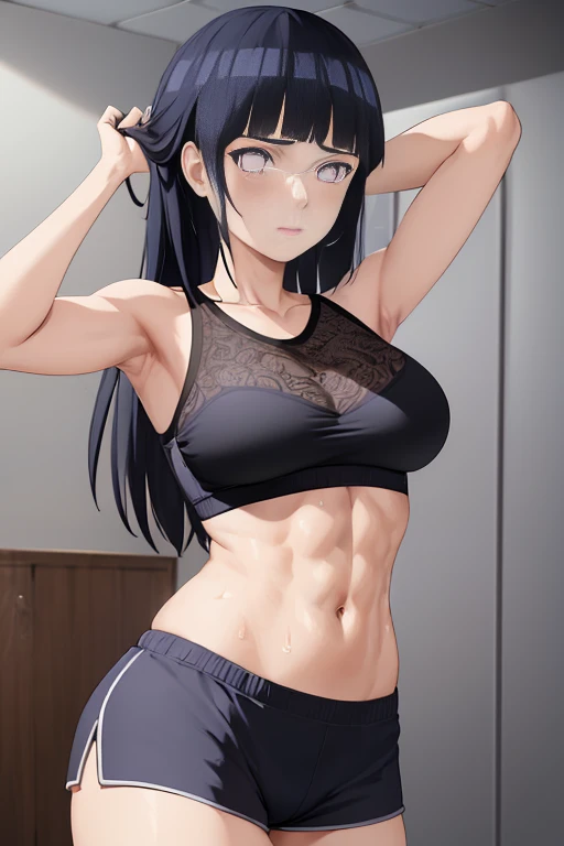 anime screencap, anime, anime coloring, (Momo Yaoyorozu, high ponytail, muscular female, biceps, sweat, seductive look, steaming body:1.2), holding phone, taking selfie, mirror, navel, (1girl, light skin, solo), collarbone, standing, thighs, indoors, (mouth mask, black dolphin shorts), massive breasts, topless, bare shoulders