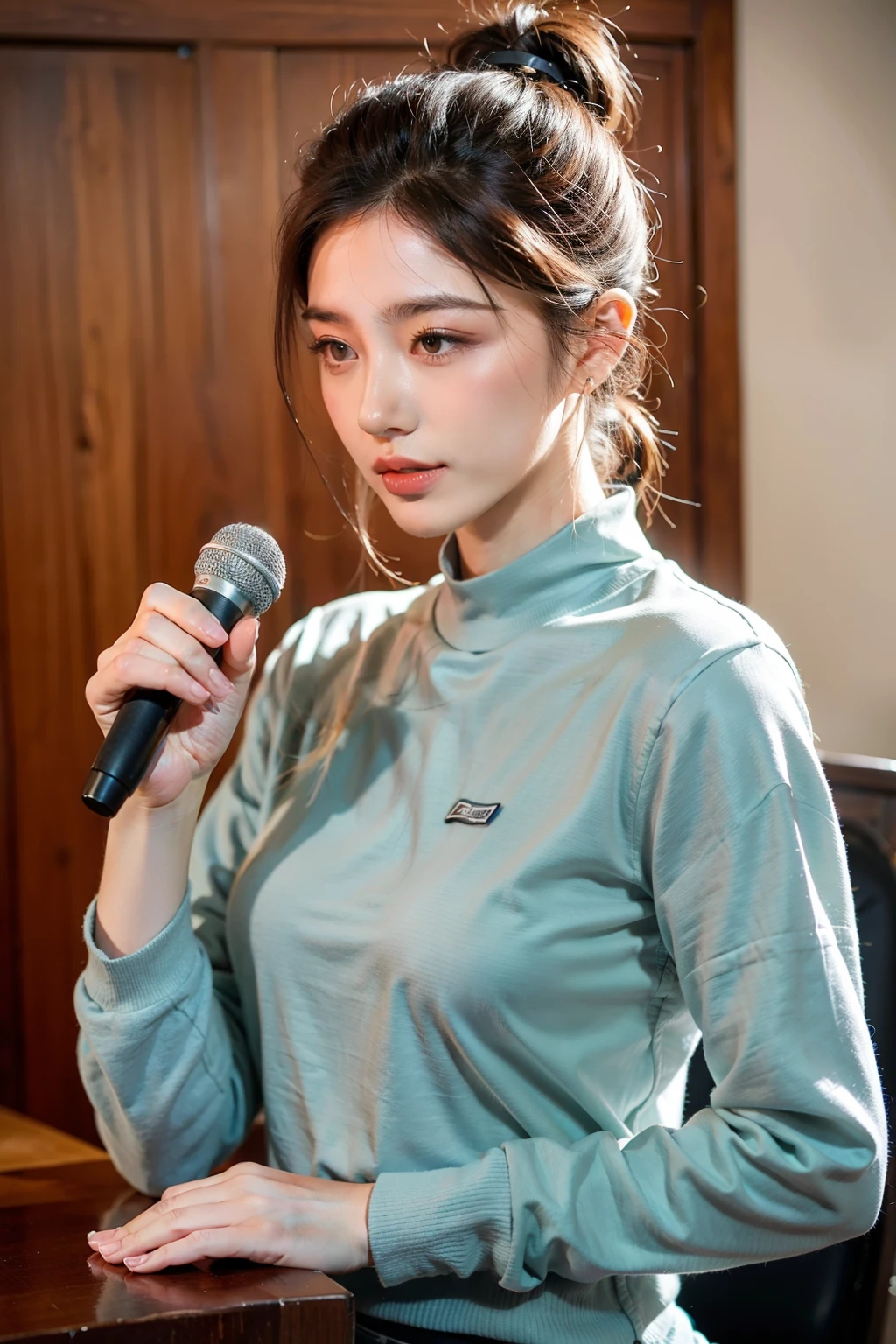 ((Best quality at best)), ((tmasterpiece)), (detailed), The background is in the conference room，Two women，natural classic face，Talking with microphone in hand，long sleeve work uniform，Hair tied up，中景 the scene is