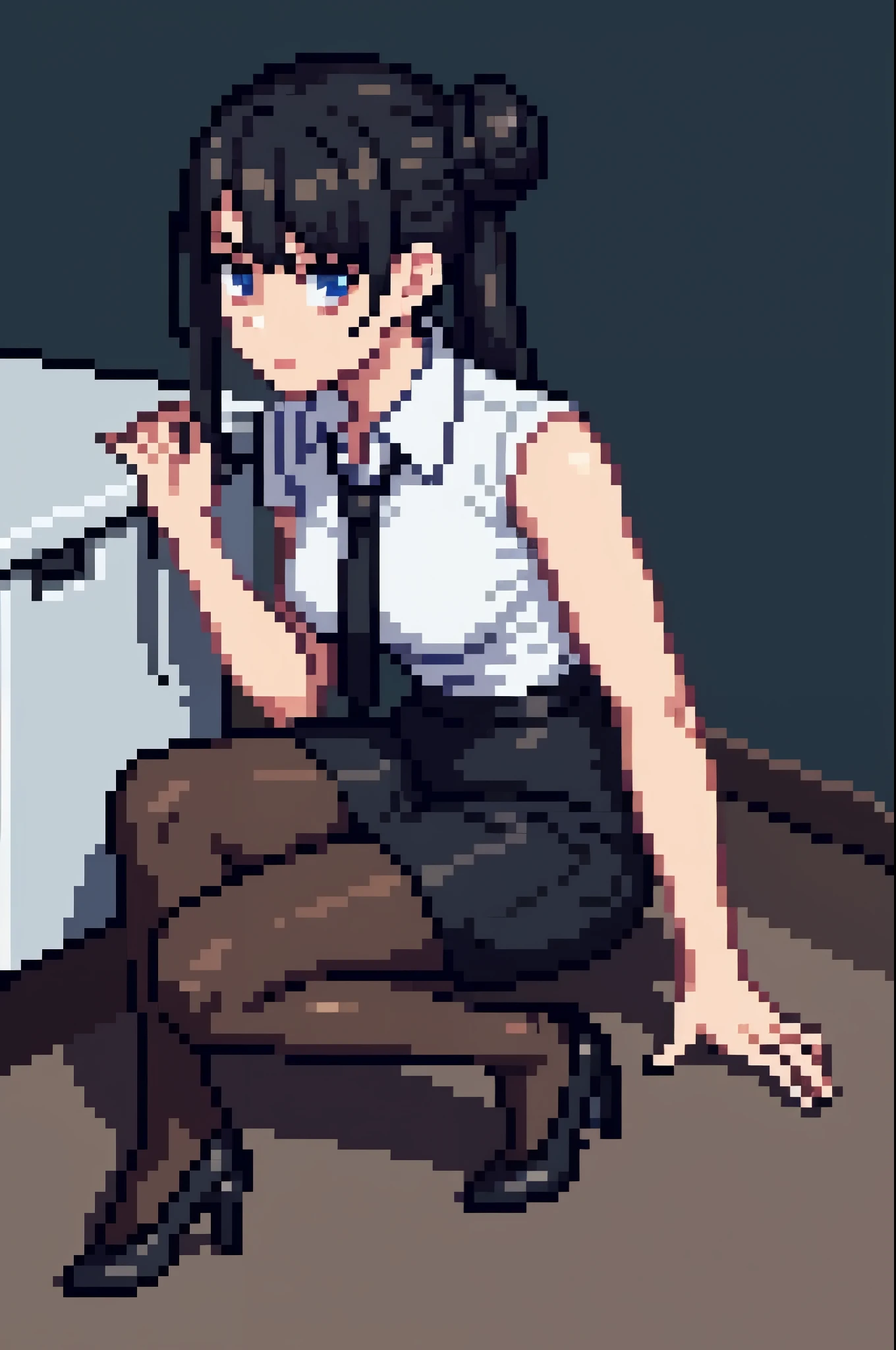 1woman, black hair, hair in a bun, angelic face, two piece sheath skirt, black pantyhose, black tights, high heels, female office secretary outfit, fallen on the floor, office cubical background, 8k uhd, dslr, soft lighting, high quality, photorealistic, realism, hyperrealism, art photography.