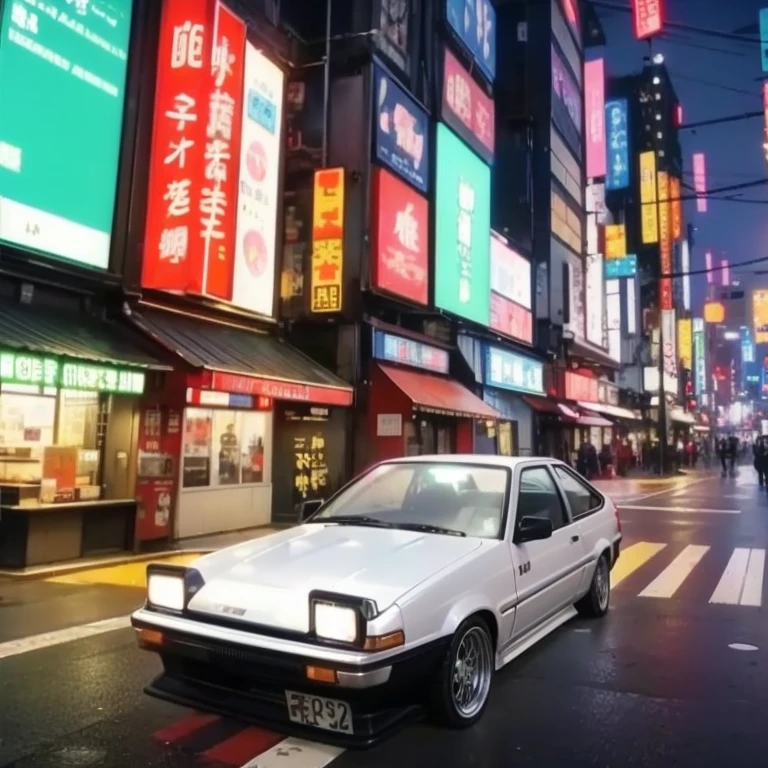 Alafed&#39;s car parked on the side of the city road, on tokyo street background, AE 8 6, art deco outrun anime aesthestic, neo tokyo background, neon tokyo, retro 9 0 s japanese, Initial D Anime, Initial D Anime 1 0 8 0 p, cyberpunk streets in japan, tokyo futuristic and clean, tokyo background, on tokyo street