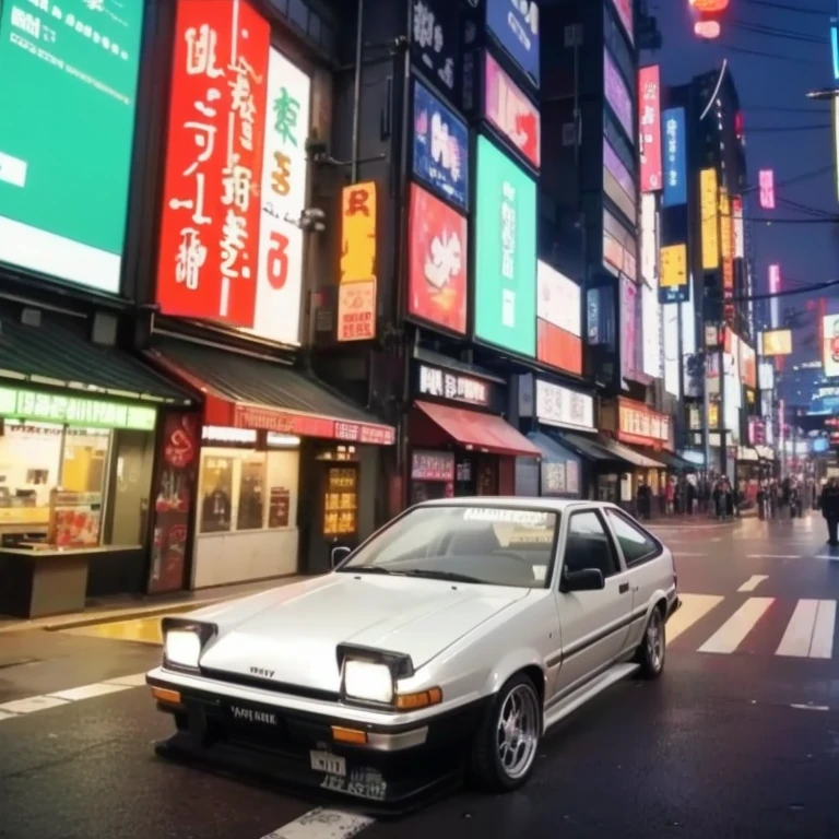 Alafed&#39;s car parked on the side of the city road, on tokyo street background, AE 8 6, art deco outrun anime aesthestic, neo tokyo background, neon tokyo, retro 9 0 s japanese, Initial D Anime, Initial D Anime 1 0 8 0 p, cyberpunk streets in japan, tokyo futuristic and clean, tokyo background, on tokyo street