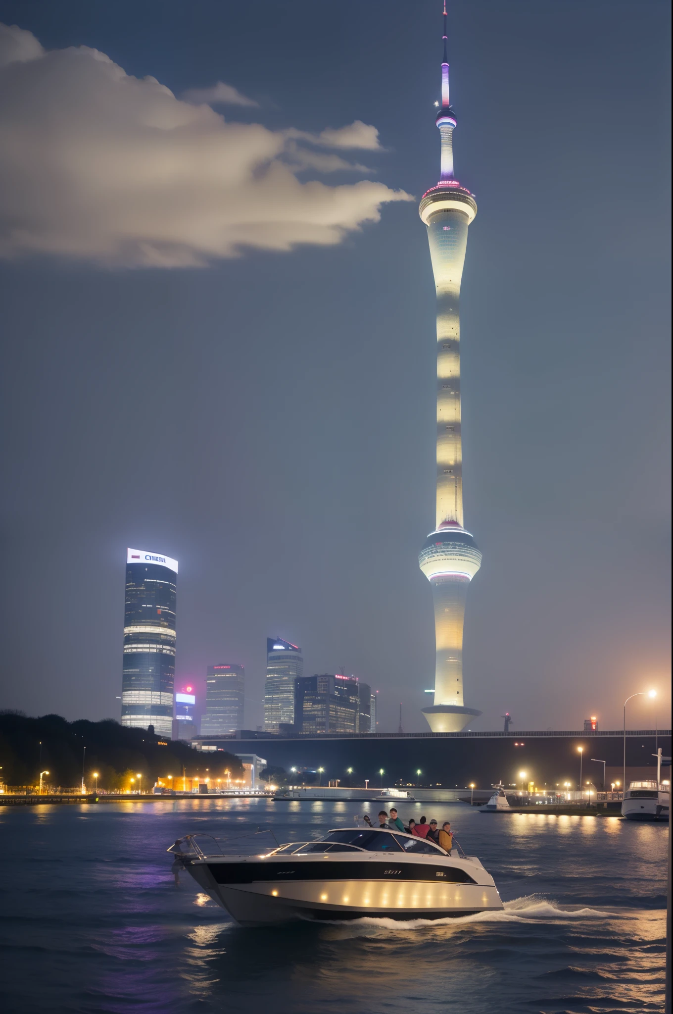Two people standing on a speedboat at night,On the shore is the Oriental Pearl Tower