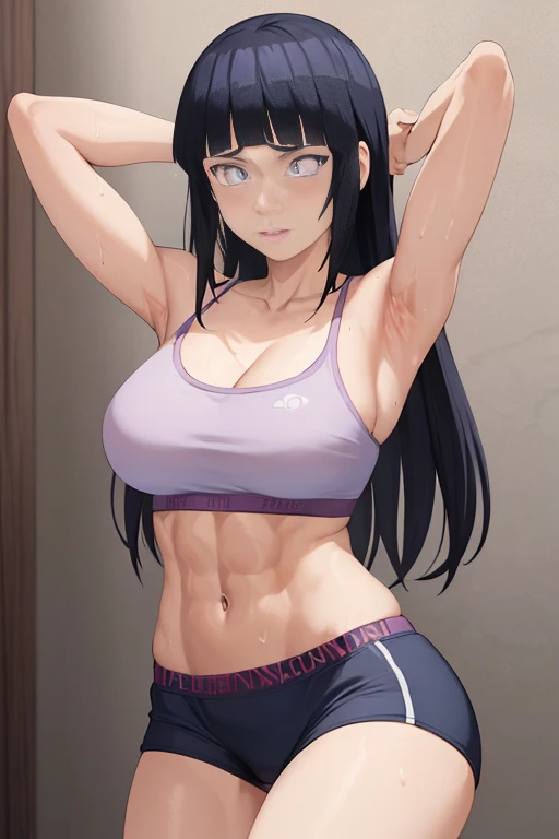 masterpiece, absurdres, 1girl, hinata\(shippuden\), floating hair,  masterpiece, absurdres , (intricate details), (colorful),cinematic lighting,bust shot,extremely detailed CG unity 8k wallpaper 1girl, solo, Squatting, looking at viewer, Calvin Klein Sports Bra, Sports small size Dolphin Shorts. Adorable Panties strap teasing. Washroom Background, Locker room, cowboy shot, athletic Abs detailed, biceps triceps pumped up, body sweat glow, wide hips, Attractive curves body figure. Heart shaped Lips, Painted Lips shine. Flexing Her muscles, detailed eyes, blushed, Adorable Facial