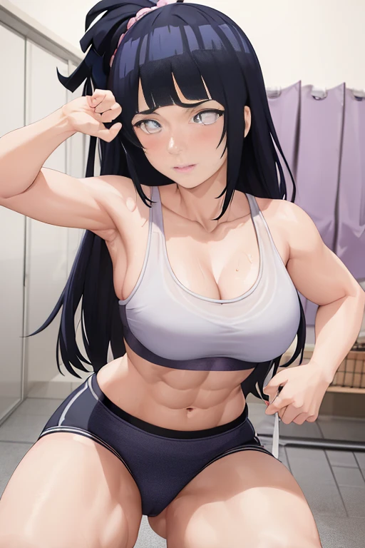 masterpiece, absurdres, 1girl, hinata\(shippuden\), floating hair, masterpiece, absurdres , (intricate details), (colorful),cinematic lighting,bust shot,extremely detailed CG unity 8k wallpaper 1girl, solo, Squatting, looking at viewer, Calvin Klein Sports Bra, Sports small size Dolphin Shorts. Adorable strap teasing. Washroom Background, Locker room, cowboy shot, athletic Abs detailed, biceps triceps pumped up, body sweat glow, wide hips, Attractive curves body figure. Heart shaped Lips, Painted Lips shine. Flexing Her muscles, detailed eyes, blushed, Adorable Facial