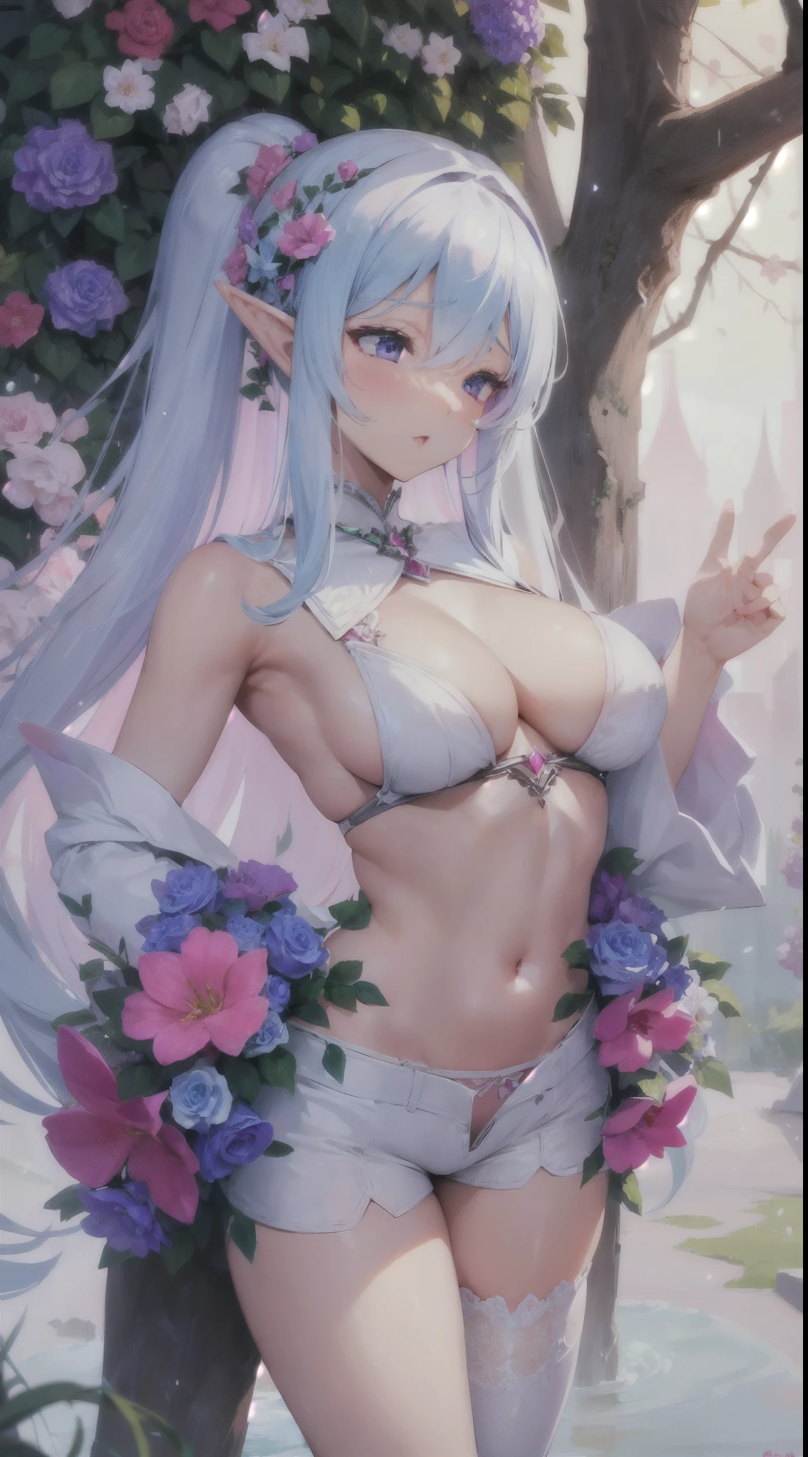 sexy, erotic, lewd, elf, flowers everywhere, white tight shorts, white bolero, crystals, detailed, colorful