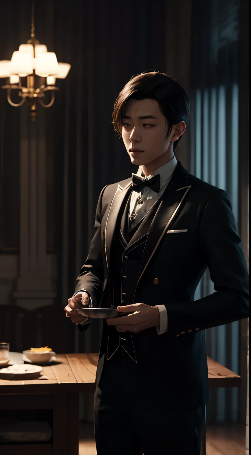 Robot butler,tailcoat,Pan,Super meticulous,super-fine,Hyper-realistic,tmasterpiece,OC rendering,电影灯光,cinematic perspective