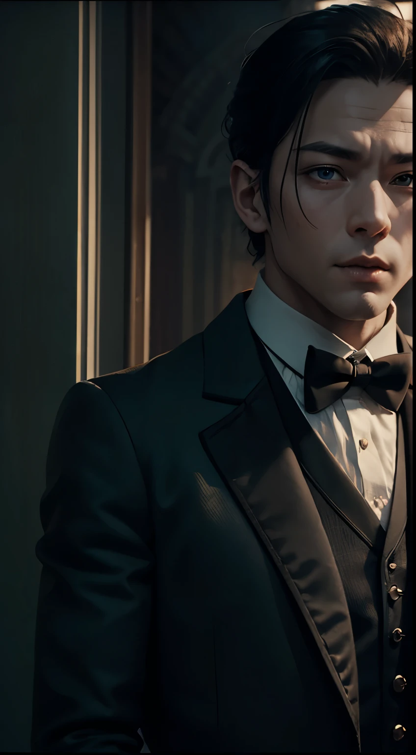 Robot butler,tailcoat,Pan,Super meticulous,super-fine,Hyper-realistic,tmasterpiece,OC rendering,电影灯光,cinematic perspective