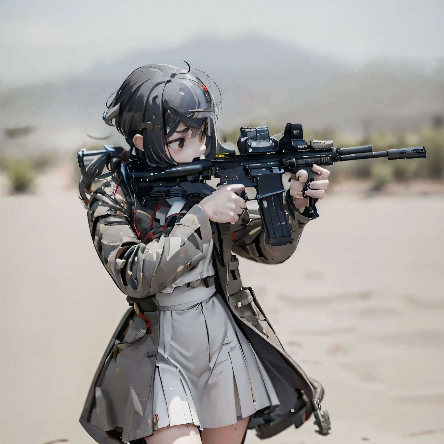 (masutepiece:1.2, Best Quality),  [1 girl, expressioness, oversized red coat, Black hair, Low ponytail, Red Eyes, body harnesses,black military uniform, black skirt, Jacket is taken off, ] (Gray white background:1.5),  (Holding a Weapon, Holding a Rifle, Aiming, Aiming:1.2), gun, H&K HK416, open fire,