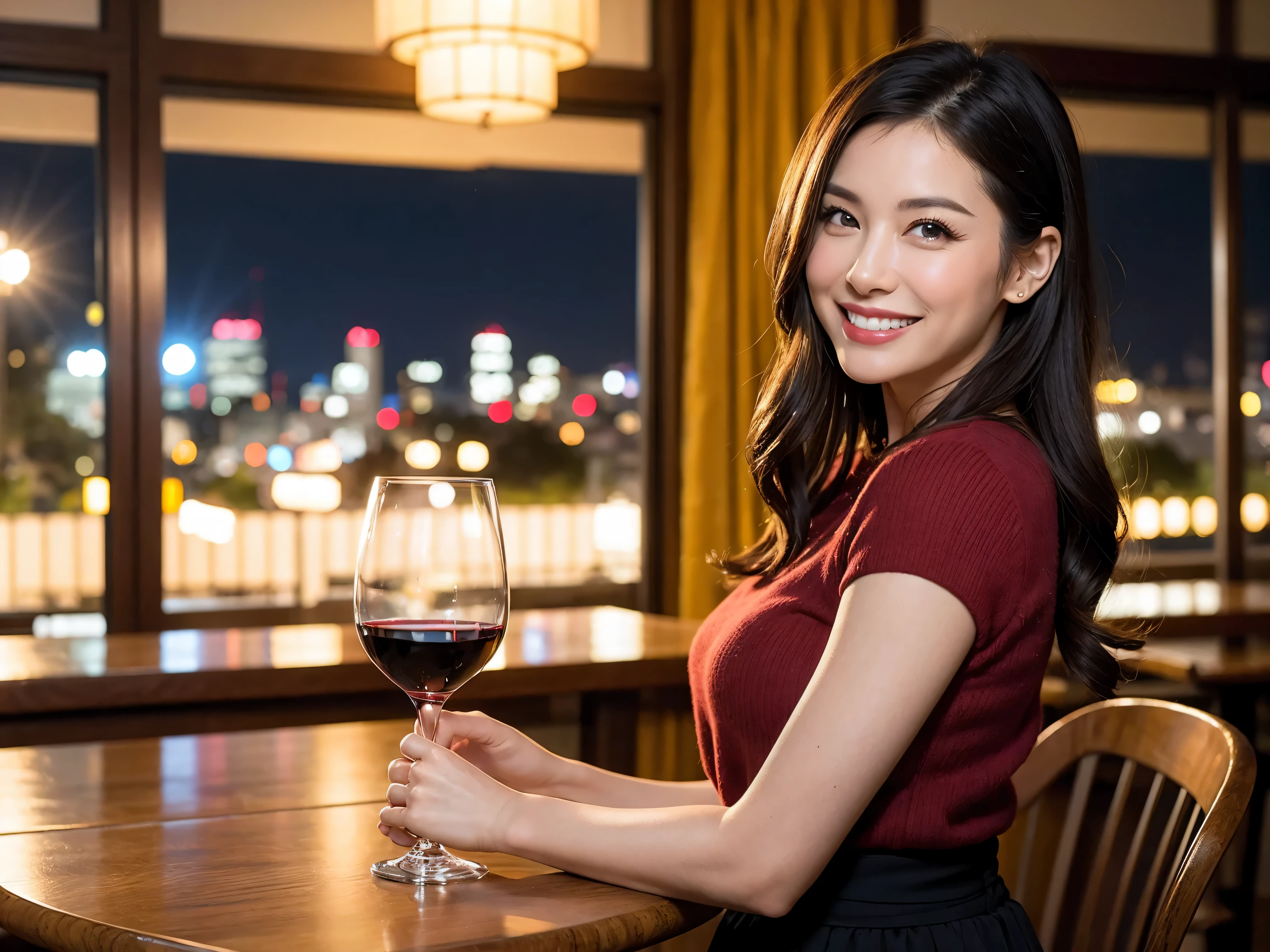 (64k uhd, nffsw, of the highest quality, masutepiece: 1.2), (Realistic, Photorealistic: 1.37), Pretty Woman 1, (Slim Face), (slimボティ), (Brown hair), (short-cut), Americana、Frenchman、cheeks blush a little, (40 years old), 38 years, Solo, A beautiful and detailed night view spreads out outside the window.........., restaurant, wine glassesに座って, At night, In a prominent place (from waist up) NovaFrogStyle, actress, Model, waist-up, white wine, slim, wine glasses, Super clean night view, 真ん中に置かれたwine glasses, Happy smile, (Smile: 1.15), Beautiful fine eyes, Upper body, Bust Japan Up, Night, Short, Short, actress, Model, waist-up, white wine, slim, wine glasses, Super clean night view, 真ん中に置かれたwine glasses, Happy smile,