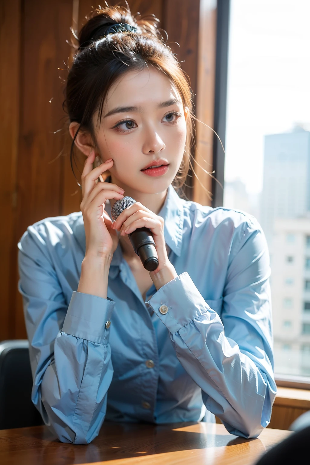 ((Best quality at best)), ((tmasterpiece)), (Detailed pubic hair), Women working together with colleagues,Naturally shy face,Talking with microphone in hand,long sleeve work uniform,Hair tied up,中景 the scene is