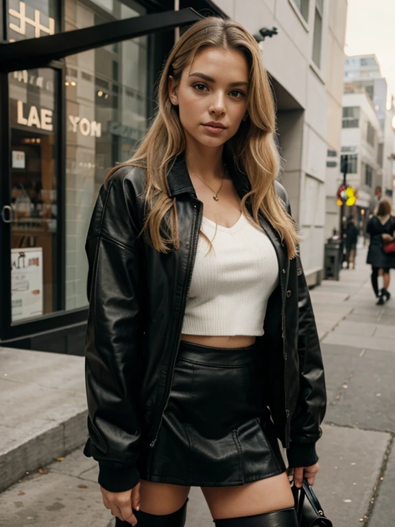 Chica rubia, ropa elegante de invierno, ciudad de noche