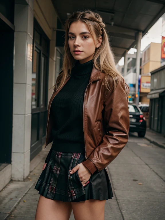 woman (busty, blonde) in a red argyle sweater and black skirt, y 2 k style, y2k style, 90s style, wearing jacket and skirt, preppy style, leather clothes, modern fashion outfit, short skirt and a long jacket, cropped shirt with jacket, clothes in the style of 1 9 9 0, she is wearing streetwear, wearing leather