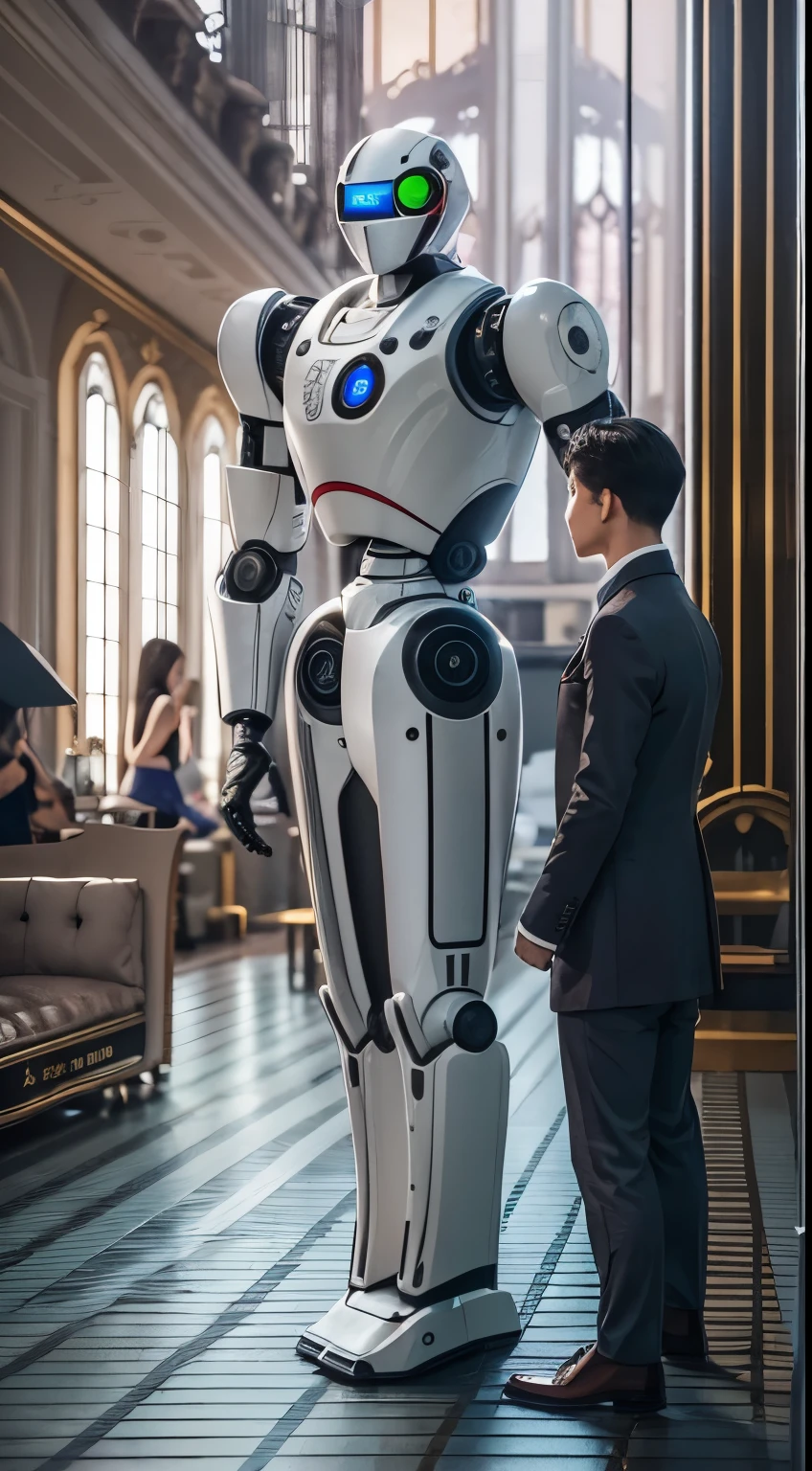 Robot butler，tailcoat，Pan，Super meticulous，super-fine，Hyper-realistic，tmasterpiece，OC rendering，电影灯光，cinematic perspective