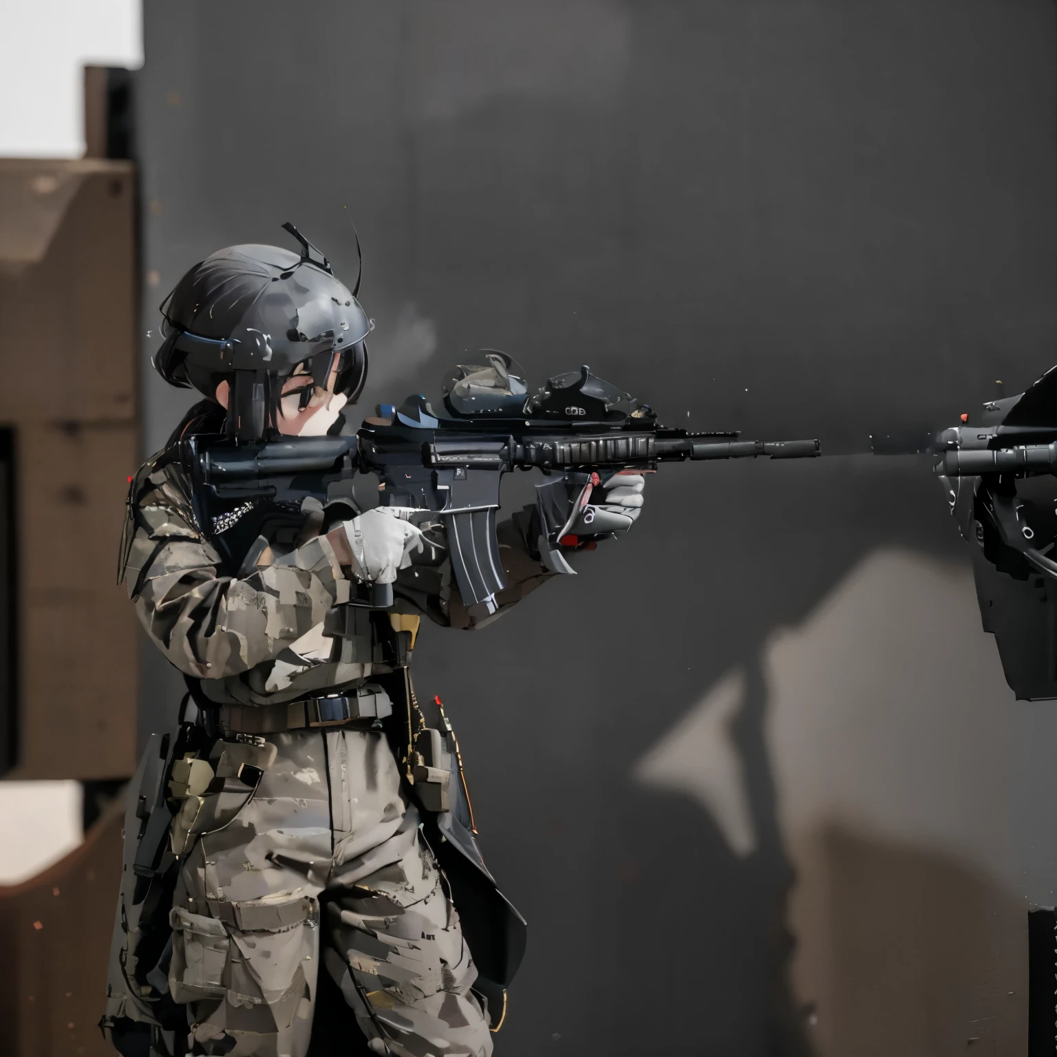 (masutepiece:1.2, Best Quality),  [1 girl, expressioness, oversized red coat, Black hair, Low ponytail, Red Eyes, body harnesses,black military uniform, black skirt, Jacket is taken off, ] (Gray white background:1.5),  (Holding a Weapon, Holding a Rifle, Aiming, Aiming:1.2), gun, H&K HK416, carbine, open fire,