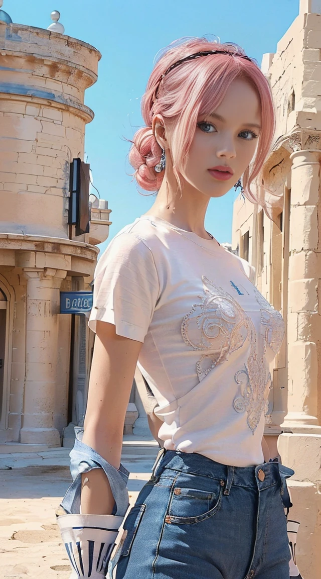 ultra realistic 8k cg, masterpiece, ((ultra detailed background, delicate pattern, intricate detail)), (highly detailed, fine detailest quality, 1girl, (photorealistic:1.4),beautiful lighting, absurdres, RAW photo, film grain, ((medium breasts, slim girl)), reiju, 1girl, long hair, pink hair ,solo, earrings, ((small breasts, slim girl)), jeans, ((white t-shirt, round neck)), ponytail, hair ornament, sky, blue eyes, cowboy shot, (complex detailed background, outside, sunny, desert town environment, buildings, town, market, hair lift, cowboy shot),