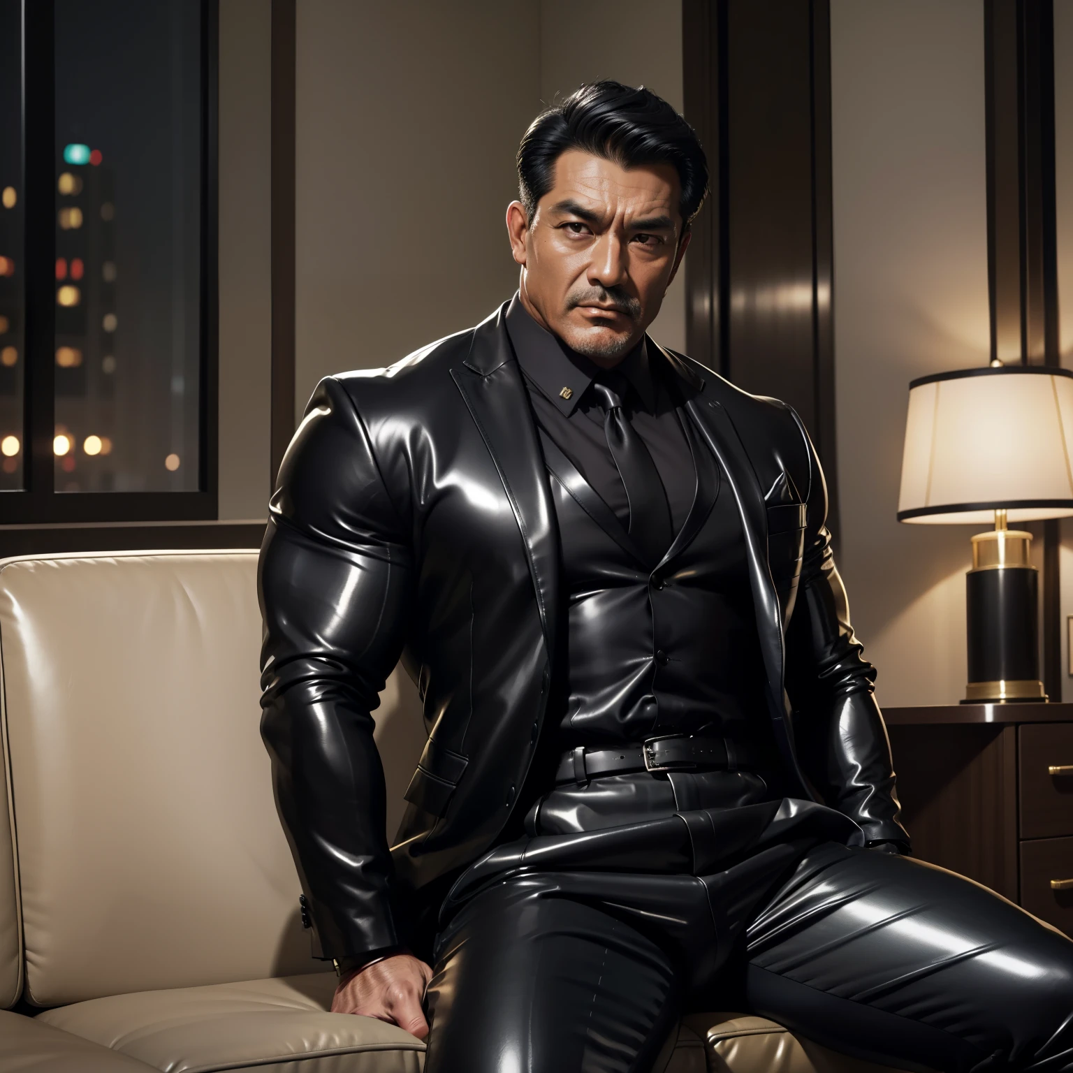 50 years old,daddy,"shiny suit ",Dad sat on sofa,k hd,in the office,"big muscle", gay ,black hair,asia face,masculine,strong man,the boss is,handsome,,leather gloves,lecherous dad,look straight ahead,dad is handsome,dad is handsome ,dad is "horny dad"