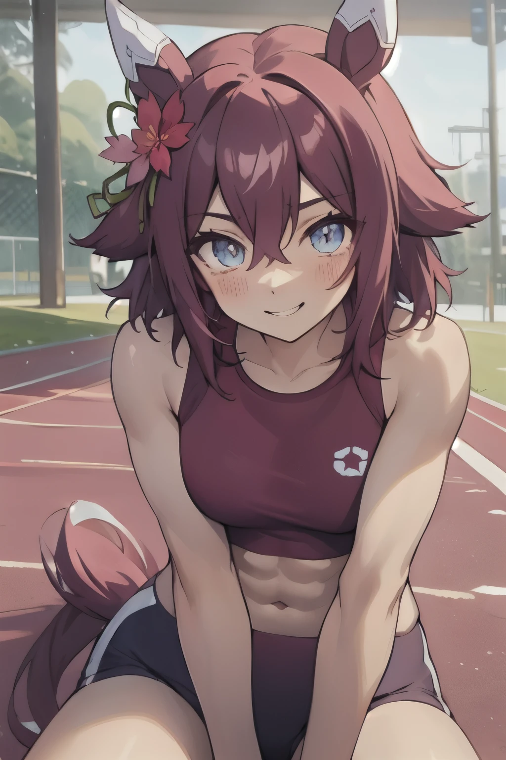 sakura chiyono o\(umamusume\), ((ultra-detailed face)), beautiful eyes, masterpiece, best quality, muscular, slender, abs, rikujou, horse tail, smile, athletics track, hand between legs