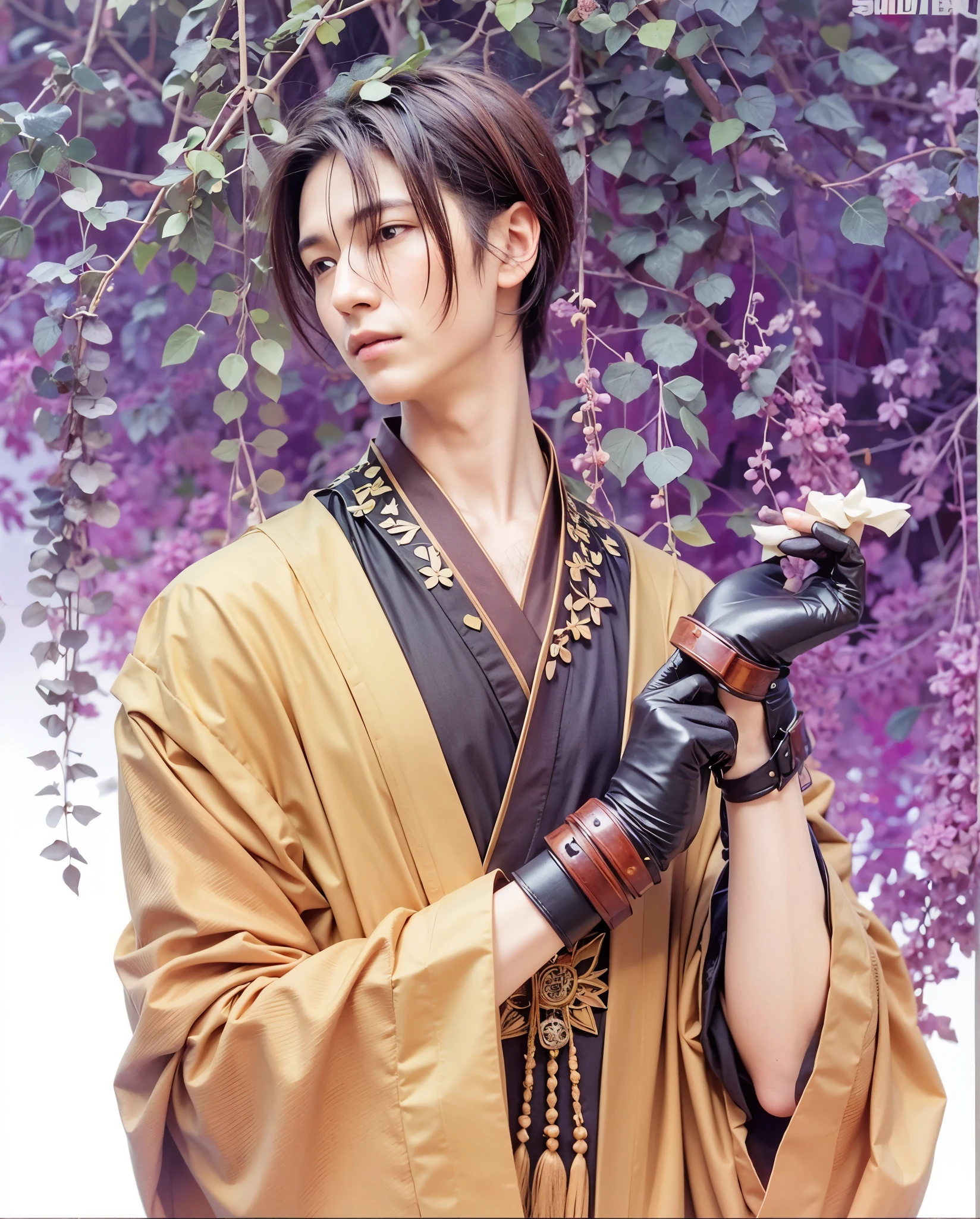 Hatori souma, fruits basket, man, middle age, masculine face, black kimono inner, light brown outer,  black spiky hair, white ivy, gloves