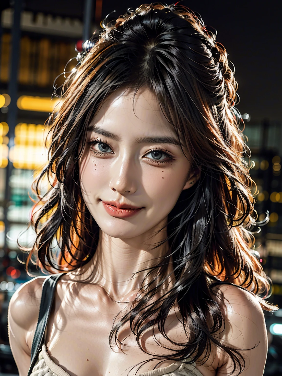 Beautiful Woman(nude+pubic hair), very , Big breasts look directly at the camera.., Sexy expression, chest between arms to create cleavage.., Chest intimate, Coquettish smile, Happy smile, glossy, s big eyes, Highlights in students, clear double eyelids, eyelashes, long neck, Beautiful short hair, glossy dark black hair, bangs, snow-white background, Sea Background., ears out