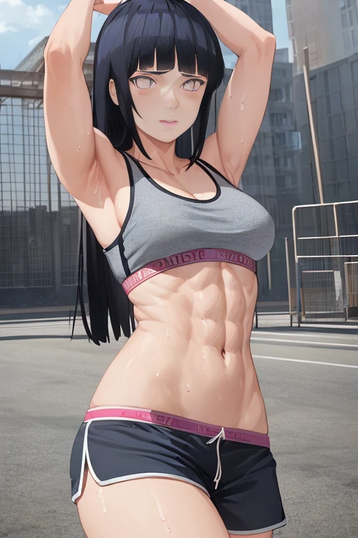 masterpiece, absurdres, 1girl, Model of Calvin Klein. Hinata\(shippuden\), floating hair, masterpiece, absurdres , (intricate details), (colorful),cinematic lighting,bust shot,extremely detailed CG unity 8k wallpaper 1girl, solo, doing Pull ups, Calvin Klein Sports Bra, Sports small size Dolphin Shorts. Adorable Panties strap teasing. Gym Background, cowboy shot, athletic Abs detailed, biceps triceps pumped up, body sweat glow, wide hips, Attractive curves body figure. Heart shaped Lips, Painted Lips shine. detailed eyes, blushed, Adorable Facial