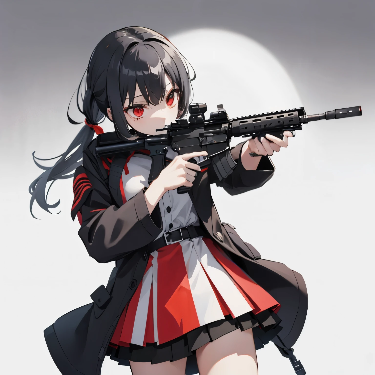 (masutepiece:1.2, Best Quality),  [1 girl, expressioness, oversized red coat, Black hair, Low ponytail, Red Eyes, body harnesses,black military uniform, black skirt, Jacket is taken off, ] (Gray white background:1.5),  (Holding a Weapon, Holding a Rifle, Aiming, Aiming:1.2), gun, H&K HK416, carbine, open fire,