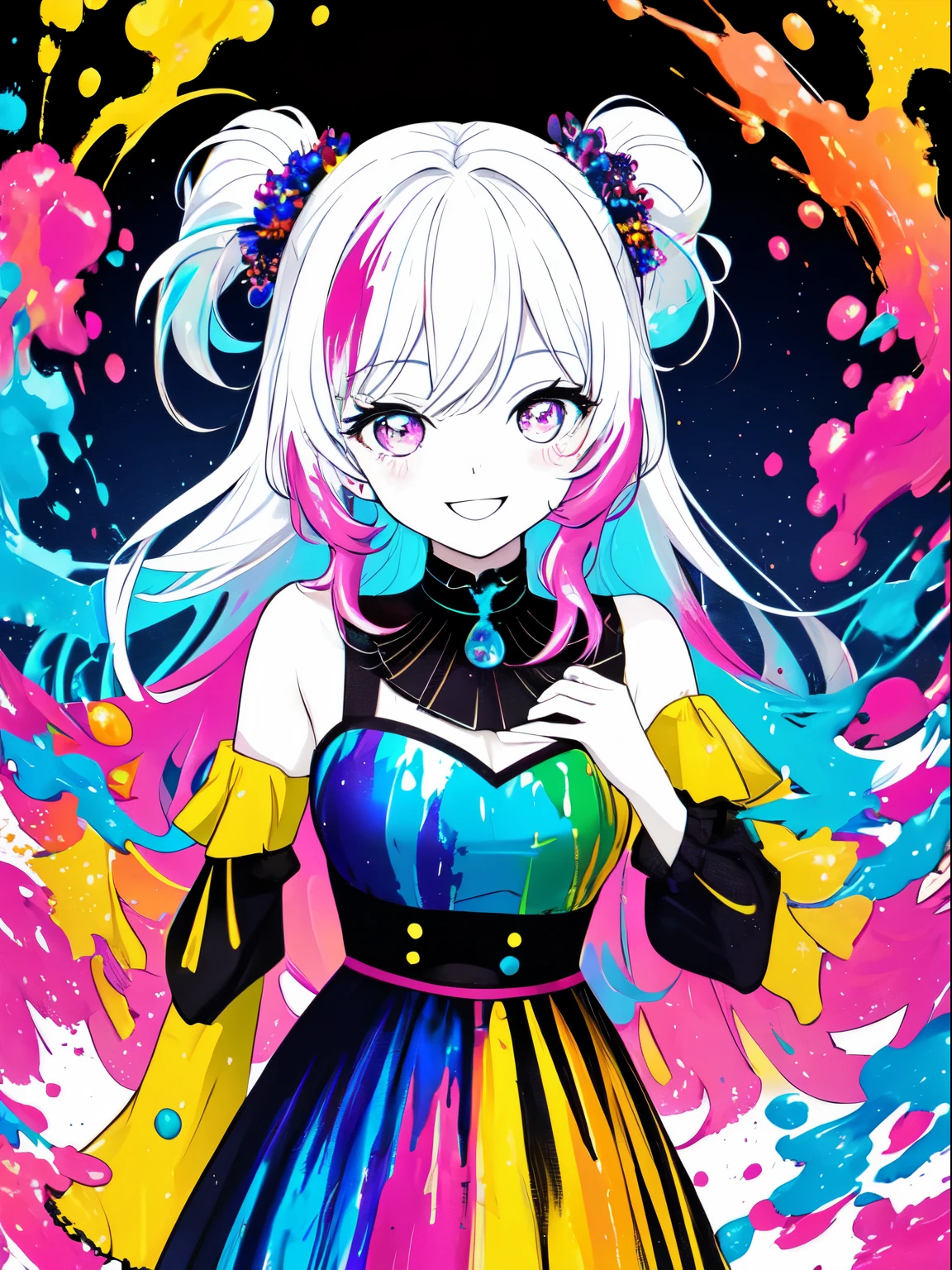 A bright and sparkling girl, Smile, Happy, Attractive, Cool, Fashionable, Beautiful, masutepiece, Best Quality, Rich color background, Attractive background, Colorful background, splashed color, Splash paint