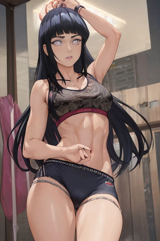 masterpiece, absurdres, 1girl, Model of Calvin Klein. Hinata\(shippuden\), floating hair, masterpiece, absurdres , (intricate details), (colorful),cinematic lighting,bust shot,extremely detailed CG unity 8k wallpaper 1girl, solo, Performing Deadlift, Calvin Klein Sports Bra, Sports small size Dolphin Shorts. Adorable Panties strap teasing. Gym Background, All gym equipments lying on the background. cowboy shot, athletic Abs detailed, biceps triceps pumped up, body sweat glow, wide hips, Attractive curves body figure. Heart shaped Lips, Painted Lips shine. detailed eyes, blushed, Adorable Facial