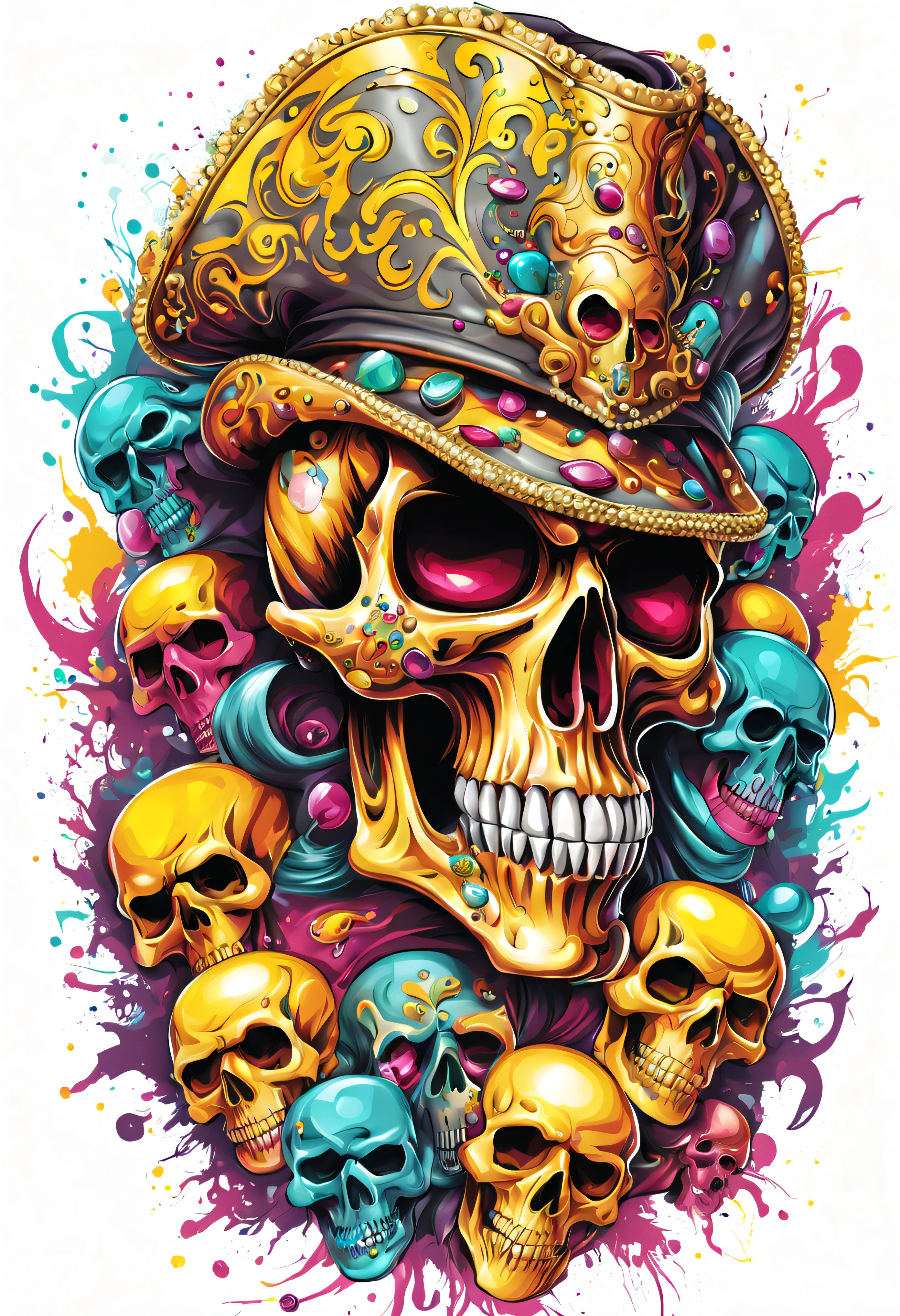 T-shirt art vector ready to print colorful graffiti illustration of masquerade party yellow pirate skull and hat web decorated with jewels of precious rubies and emeralds and skeleton beard decorated with yellow diamonds, teeth of beautiful stone jewelry, front perspective, action shot, vibrant color And welding, high detail, white background