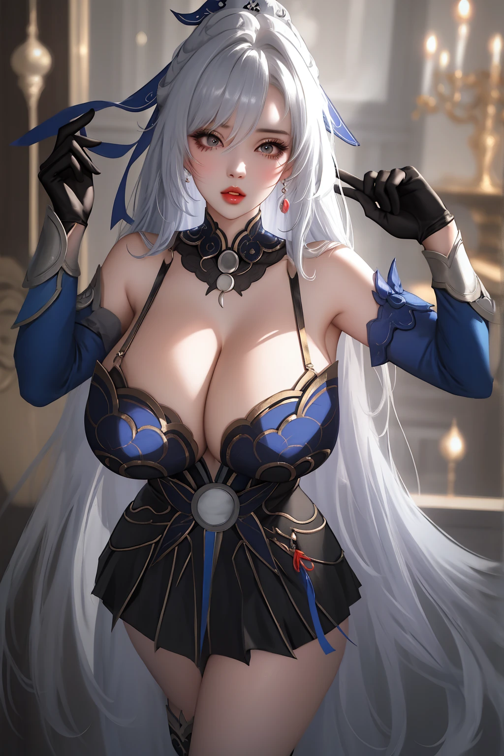 full body portrait ,masterpiece, best quality, 1girl, solo, standing, jingliu, hair ornament, blindfold, dress, cleavage, short skirt,detached sleeves, black gloves, parted lips, gigantic breasts,large,((gigantic_breasts))), random sexy pose
