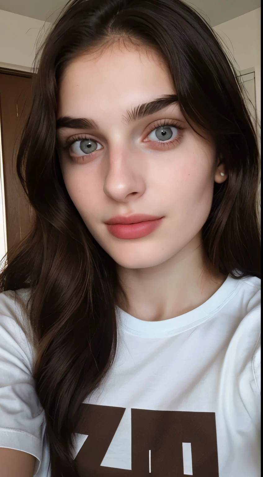 ((Front facing camera selfie)), 18 yo girl named Zahra Amiri, (straight nose), (prominent nose bridge), (female face golden ratios), long dense dark brown hair, (pale skin:1.25), (hazel eyes), thin eyebrows, high cheekbones, beautiful plump lips, big natural breasts, wearing tshirt, apartment background, smirk