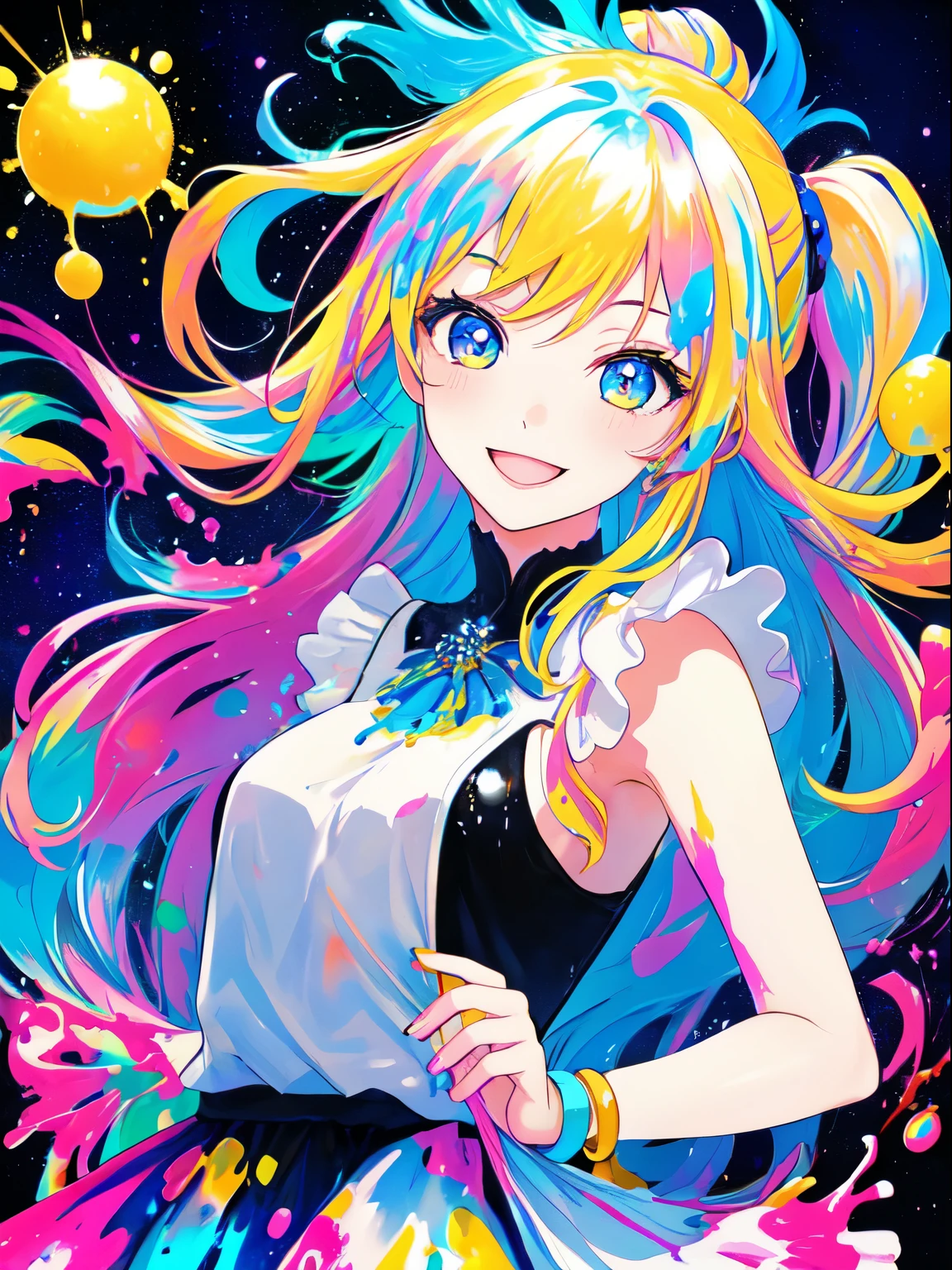 A bright and sparkling girl, Smile, Happy, Attractive, Cool, Fashionable, Beautiful, masutepiece, Best Quality, Rich color background, Attractive background, Colorful background, splashed color, Splash paint