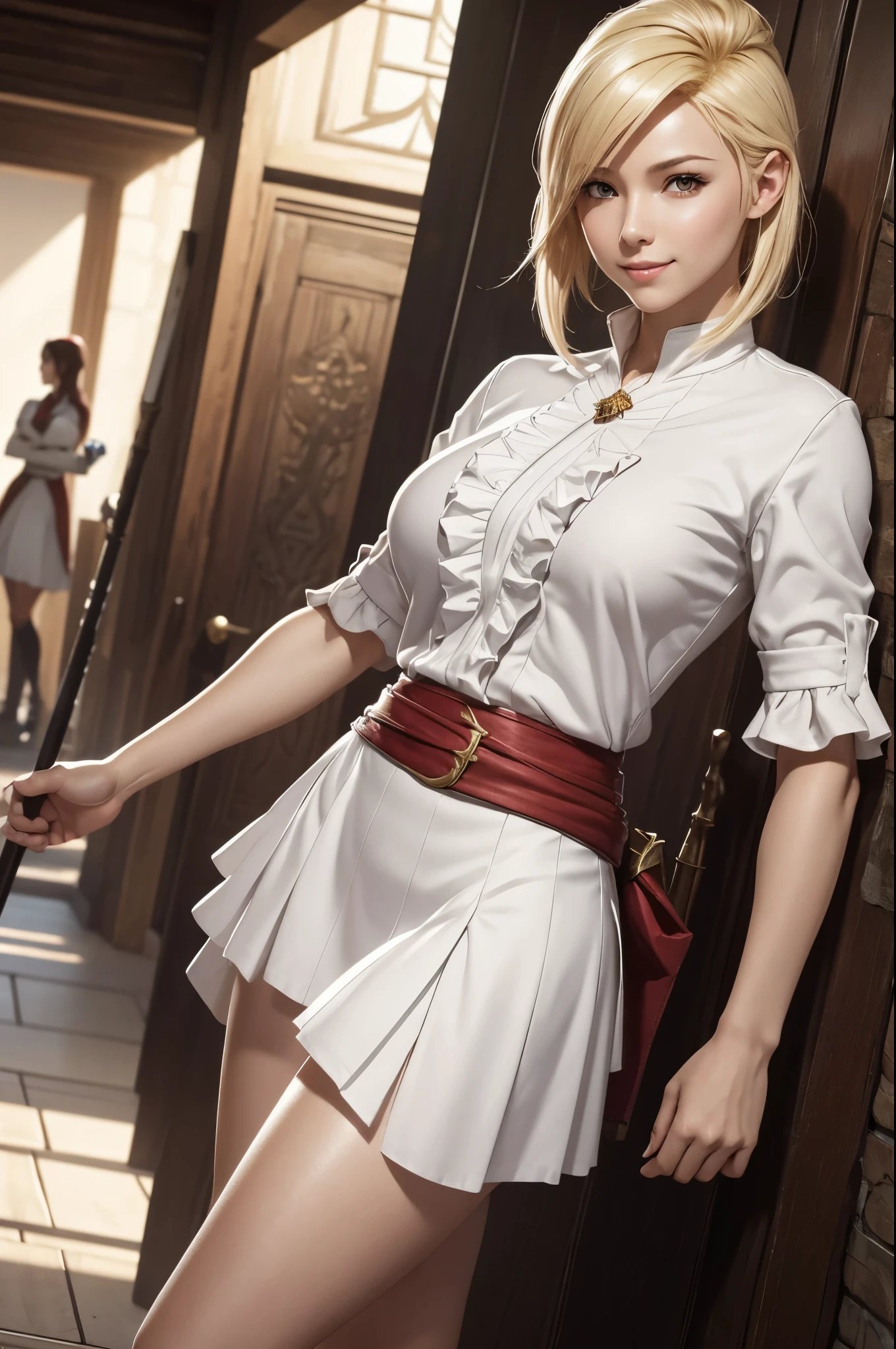 8K,赤と白のGuild staff uniformを着た女性がを撮っています, Smooth CG art, shiny white skin, 8k high quality detailed art, photorealistic anime girl render, fanart best artstation, character is in her natural pose, Beautiful attractive receptionist woman, elegant smiling pose, smooth digital concept art, very detailed character, White shiny skin,Fantasyart,Adventurer's Guild Counter,character art,blonde mohawk hair,thin muscular body,red and white ruffle skirt,Thin macho,Guild staff uniform,超A high resolution,A hyper-realistic,Split abs,