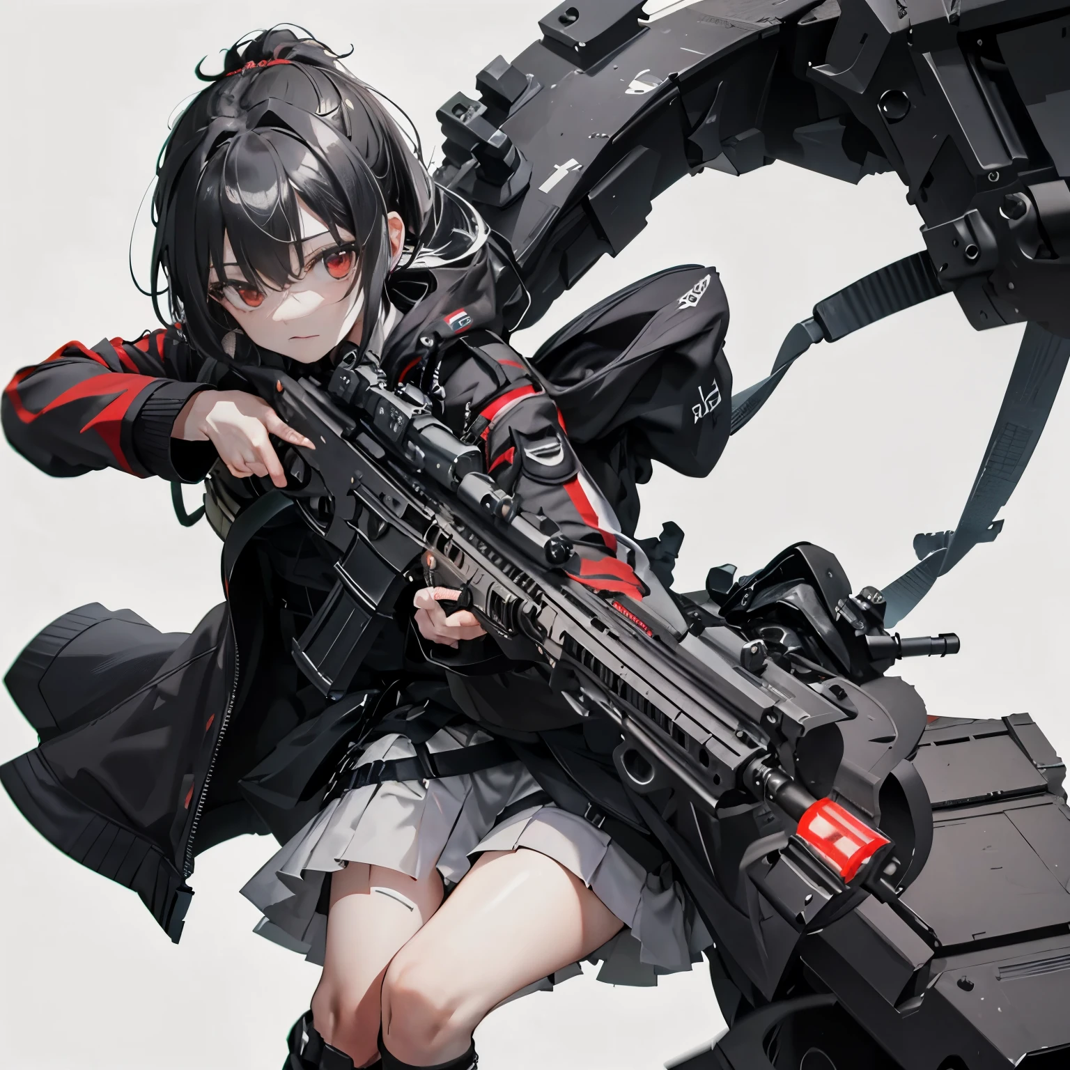 (masutepiece:1.2, Best Quality),  [1 girl, expressioness, oversized red coat, Black hair, Low ponytail, Red Eyes, body harnesses,black military uniform, black skirt, Jacket is taken off, ] (Gray white background:1.5),  (Holding a Weapon, Holding a Rifle, Aiming, Aiming:1.2), gun, H&K HK416, carbine, open fire,