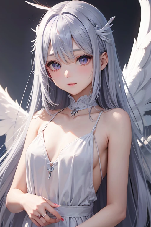 silber hair、The right eye is blue、The left eye is a red odd eye。She wears small angel wings and an angel ring.。