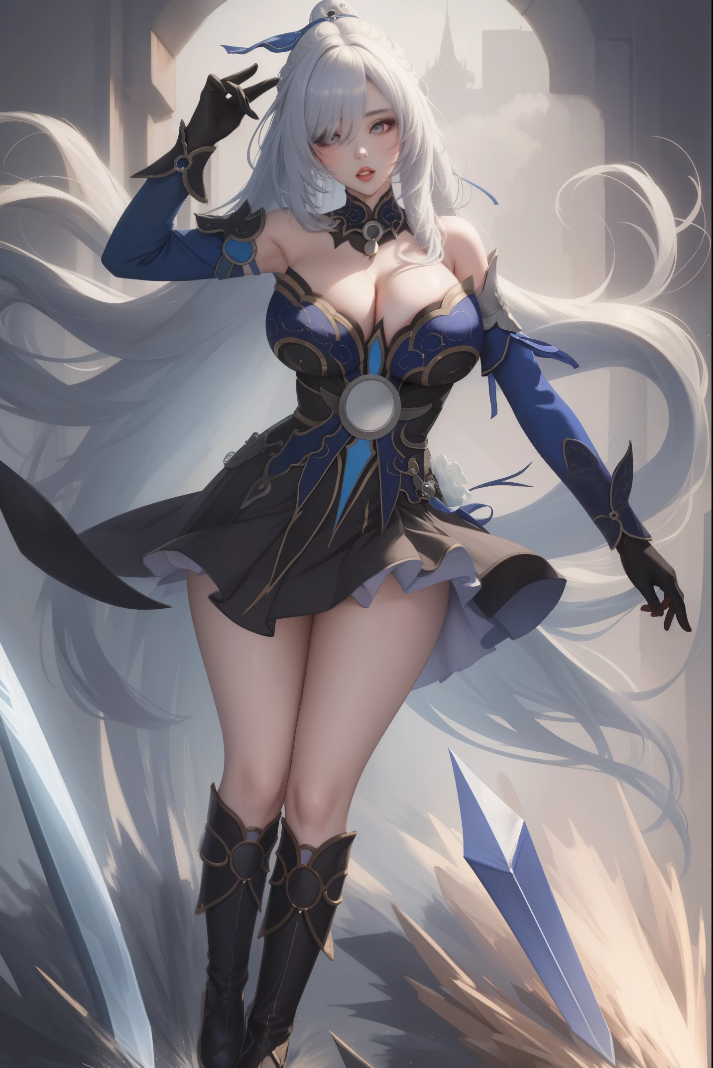 full body portrait ,masterpiece, best quality, 1girl, solo, standing, jingliu, hair ornament, blindfold, dress, cleavage, short skirt,detached sleeves, black gloves, parted lips, gigantic breasts,large,((gigantic_breasts))), random sexy pose, hand hold sword