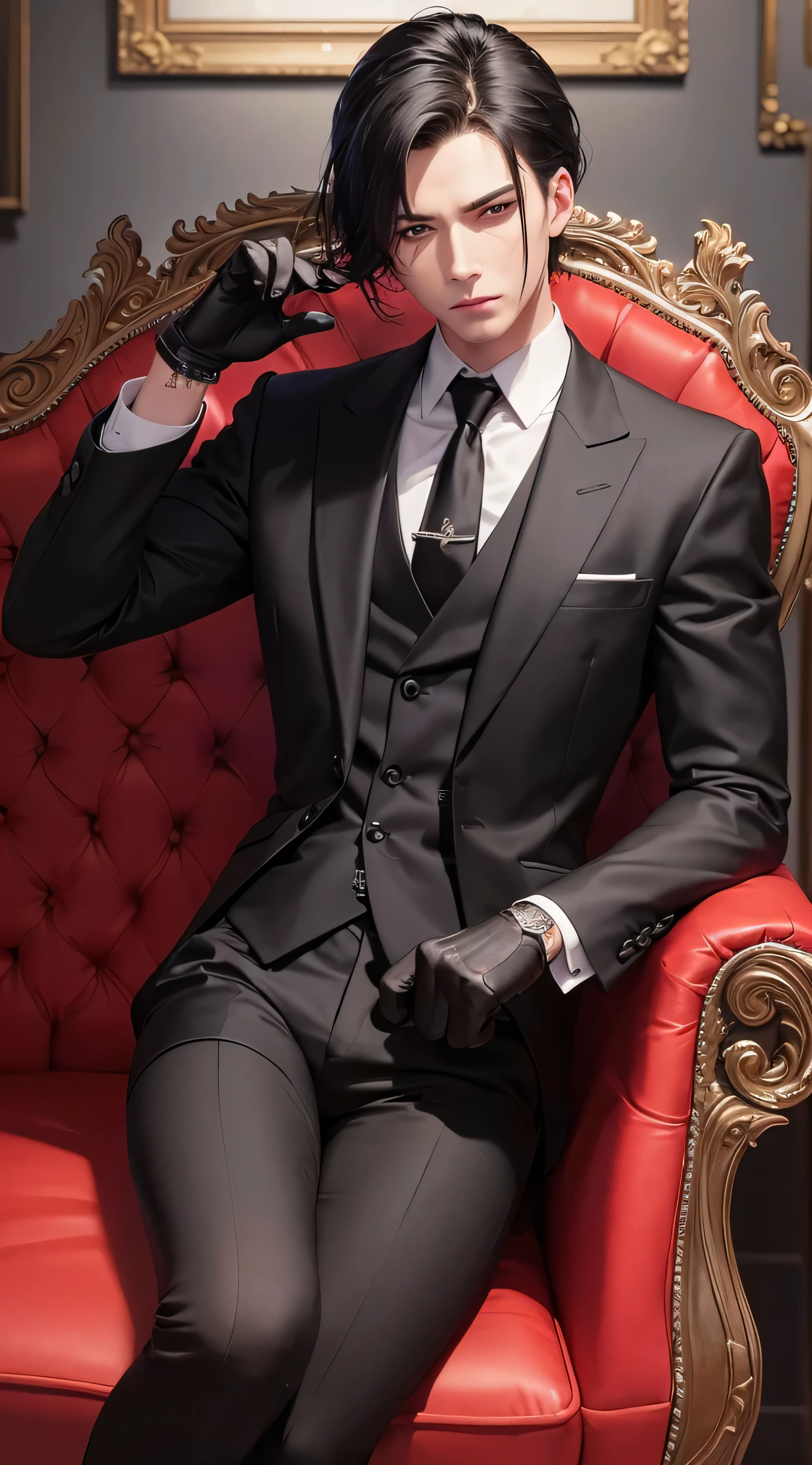 8k, high resolution, masterpiece, illustration, extreme details, male, fully clothed, black suit and tie, black pants, gloves, gray swept back hair, adult, mature, serious expression, red eyes, dynamic pose, sitting on sofa, dramatic, mansion, mafia, wolves and paintings, dark ambiance